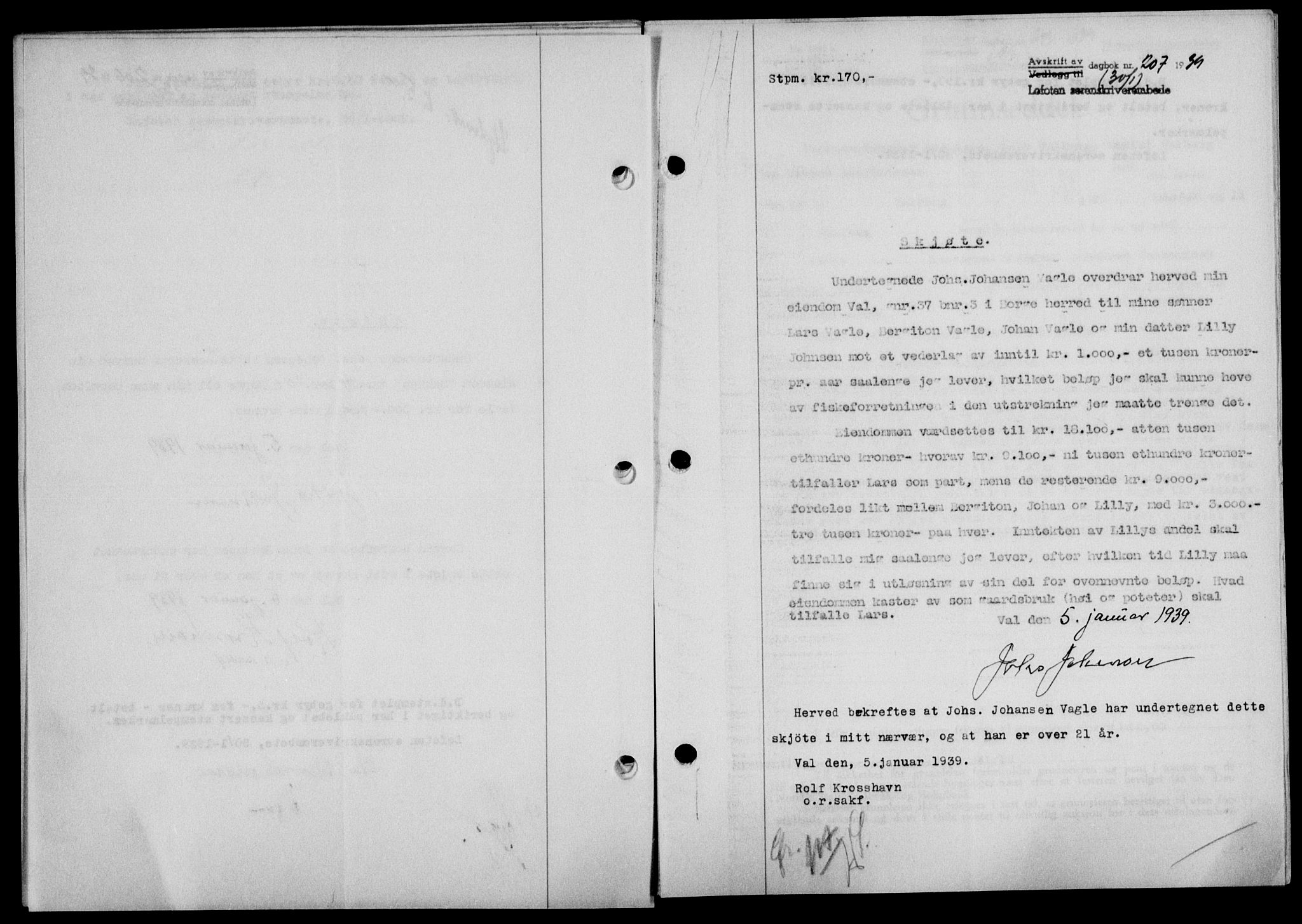 Lofoten sorenskriveri, SAT/A-0017/1/2/2C/L0005a: Mortgage book no. 5a, 1939-1939, Diary no: : 207/1939