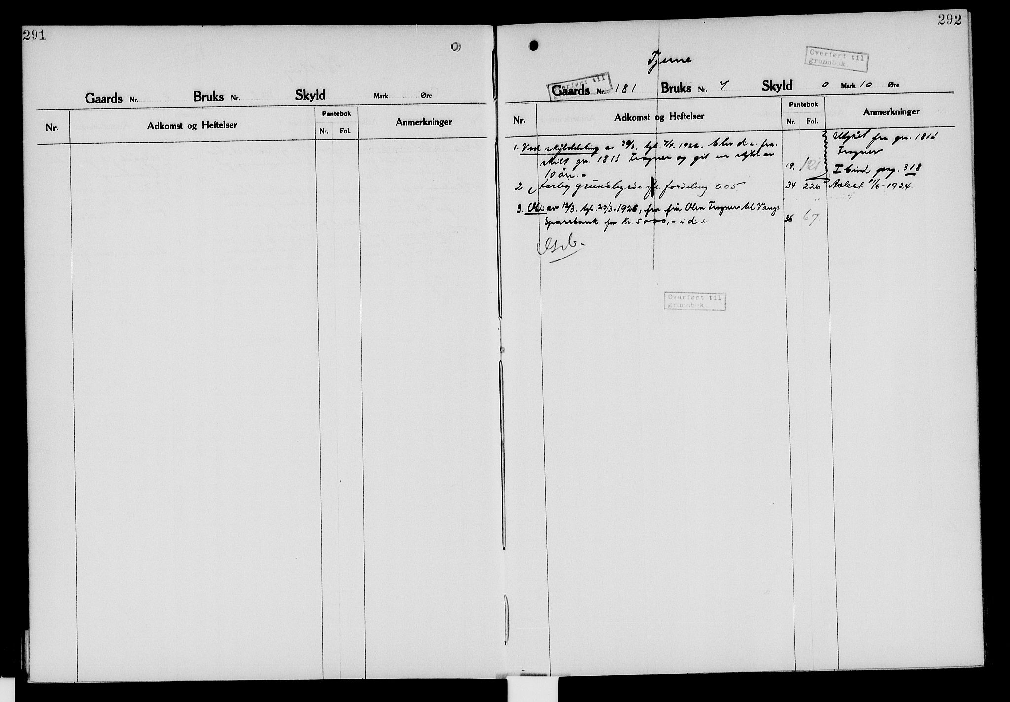 Nord-Hedmark sorenskriveri, SAH/TING-012/H/Ha/Had/Hade/L0006: Mortgage register no. 4.6, 1920-1940, p. 291-292