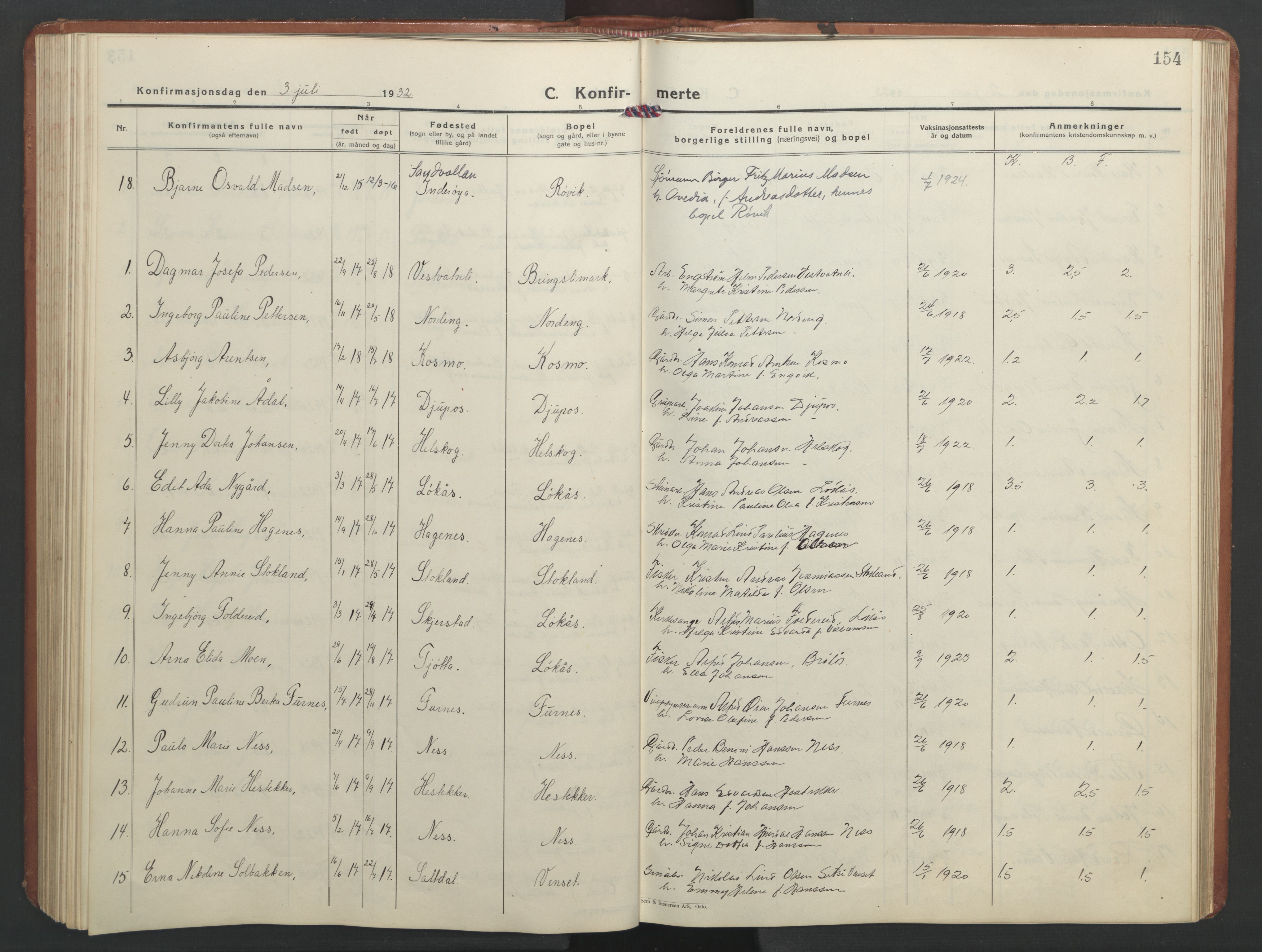 Ministerialprotokoller, klokkerbøker og fødselsregistre - Nordland, AV/SAT-A-1459/851/L0727: Parish register (copy) no. 851C02, 1925-1948, p. 154