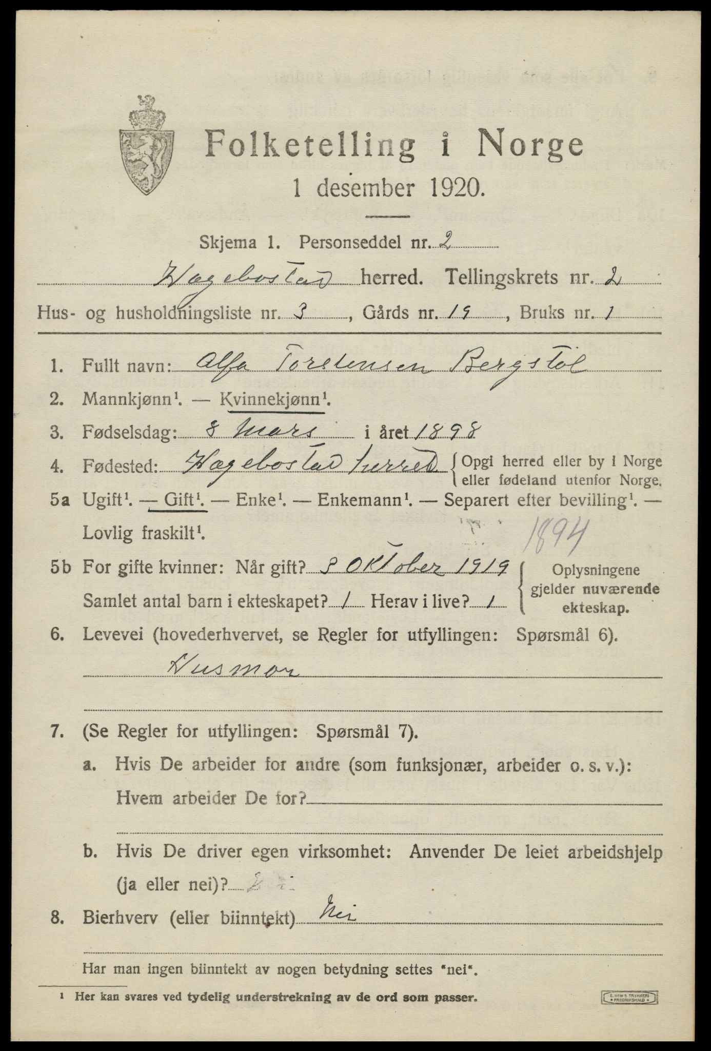 SAK, 1920 census for Hægebostad, 1920, p. 863