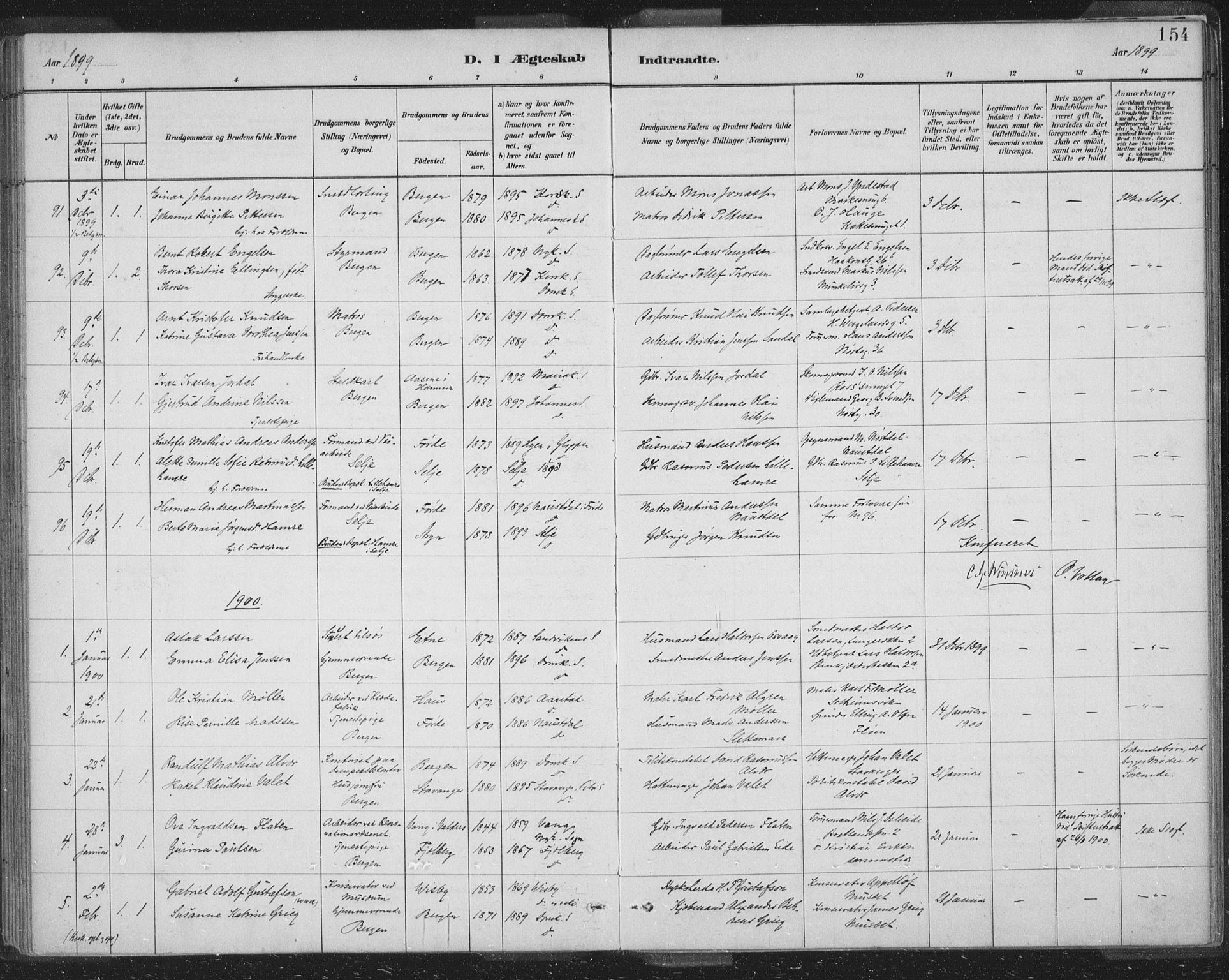 Domkirken sokneprestembete, SAB/A-74801/H/Hab/L0032: Parish register (copy) no. D 4, 1880-1907, p. 154