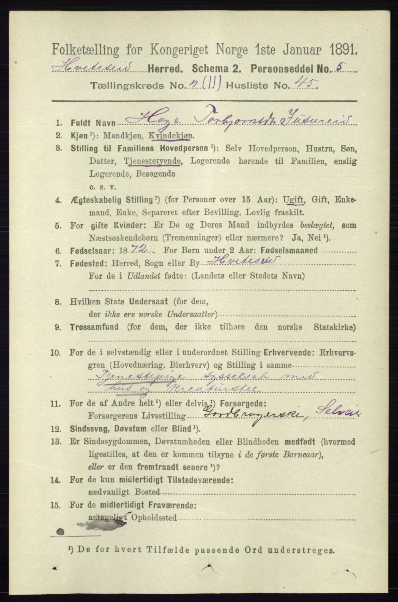 RA, 1891 census for 0829 Kviteseid, 1891, p. 2794