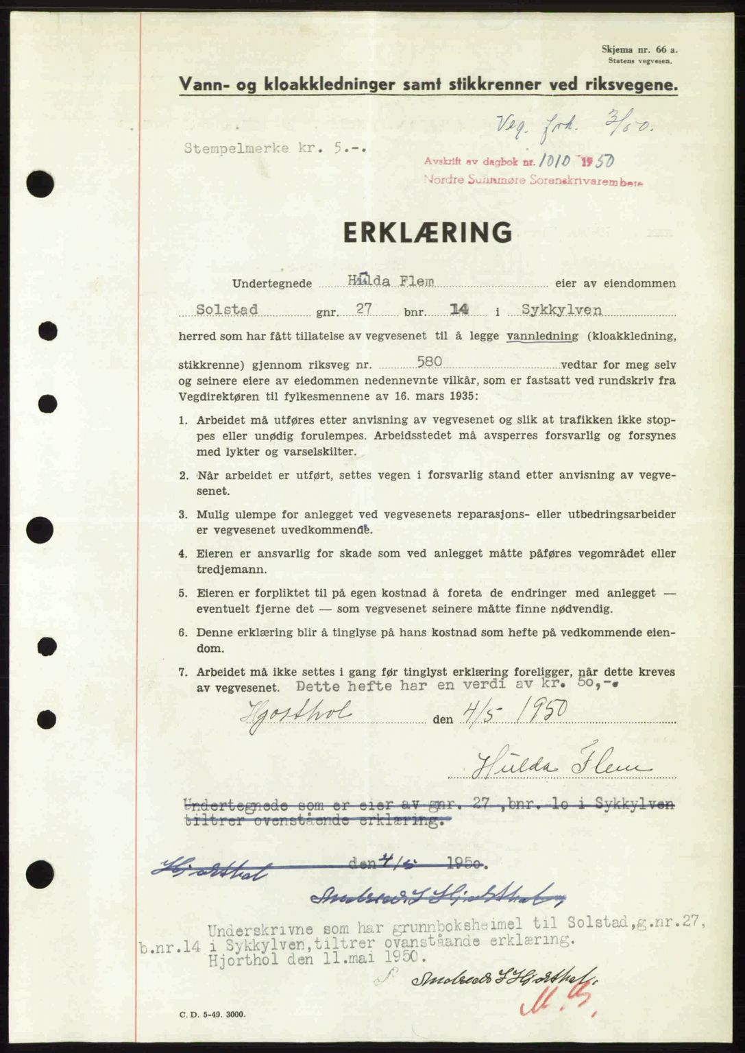 Nordre Sunnmøre sorenskriveri, AV/SAT-A-0006/1/2/2C/2Ca: Mortgage book no. A34, 1950-1950, Diary no: : 1010/1950