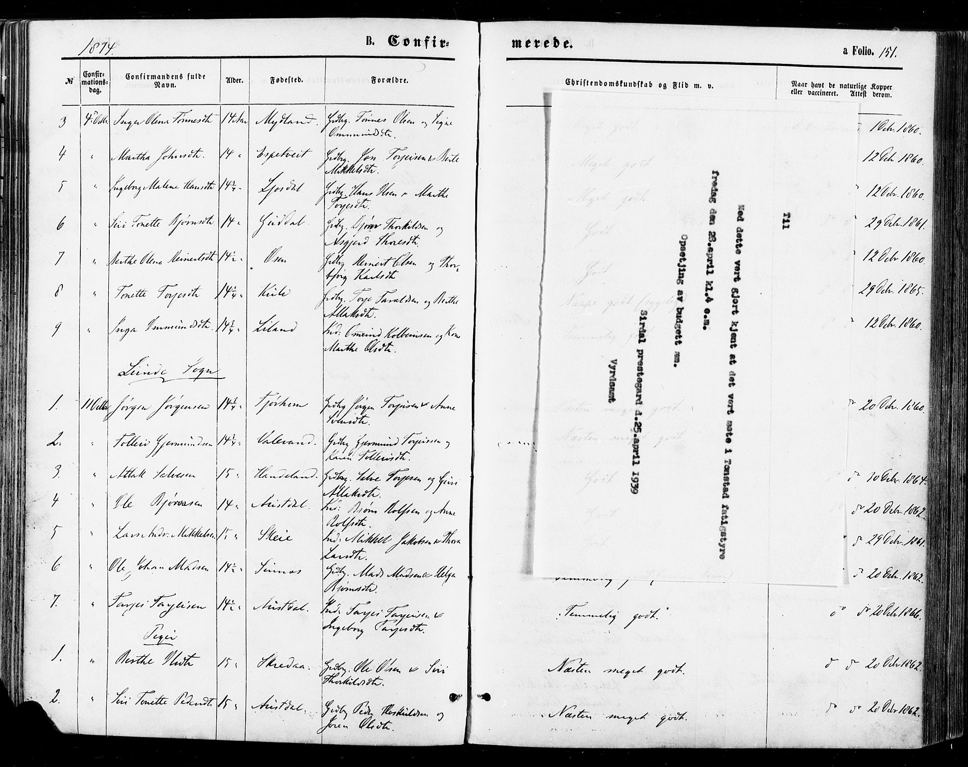 Sirdal sokneprestkontor, AV/SAK-1111-0036/F/Fa/Fab/L0003: Parish register (official) no. A 3, 1874-1886, p. 151