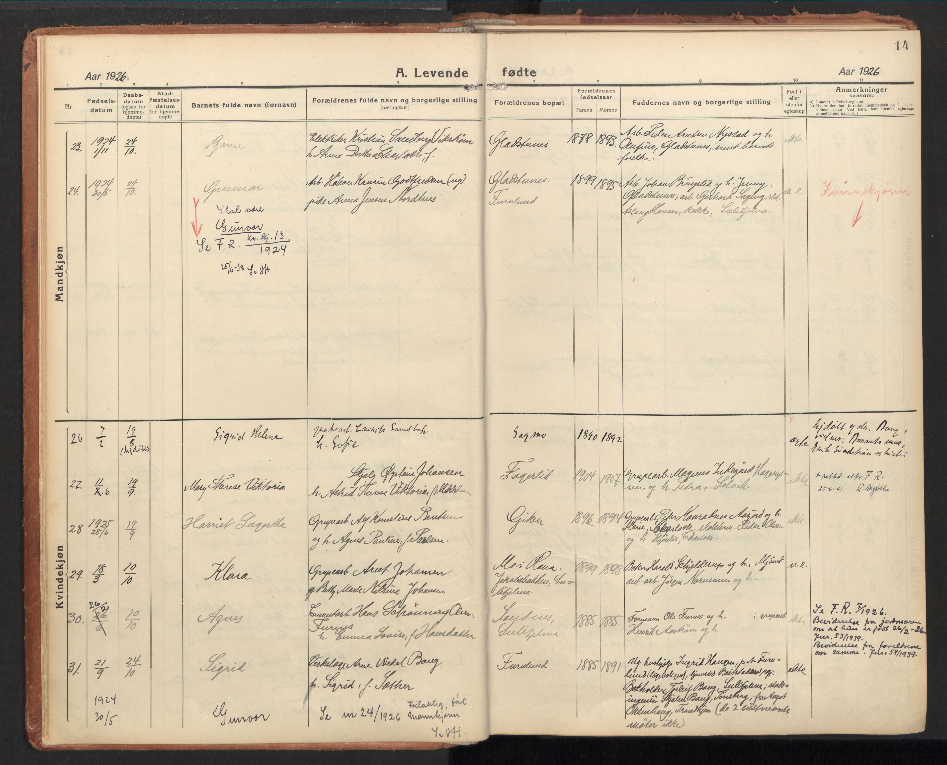 Ministerialprotokoller, klokkerbøker og fødselsregistre - Nordland, AV/SAT-A-1459/850/L0716: Curate's parish register no. 850B06, 1924-1938, p. 14