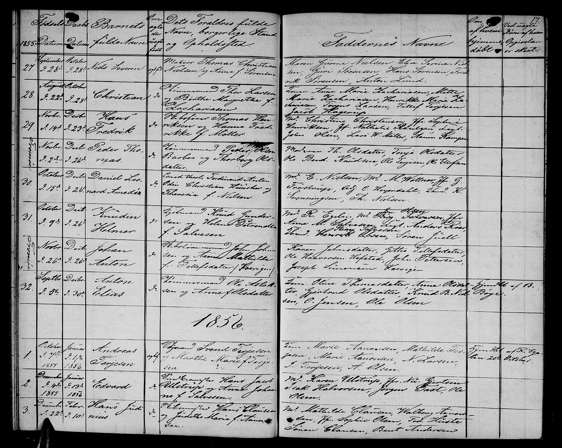 Arendal sokneprestkontor, Trefoldighet, SAK/1111-0040/F/Fb/L0003: Parish register (copy) no. B 3, 1851-1860, p. 17