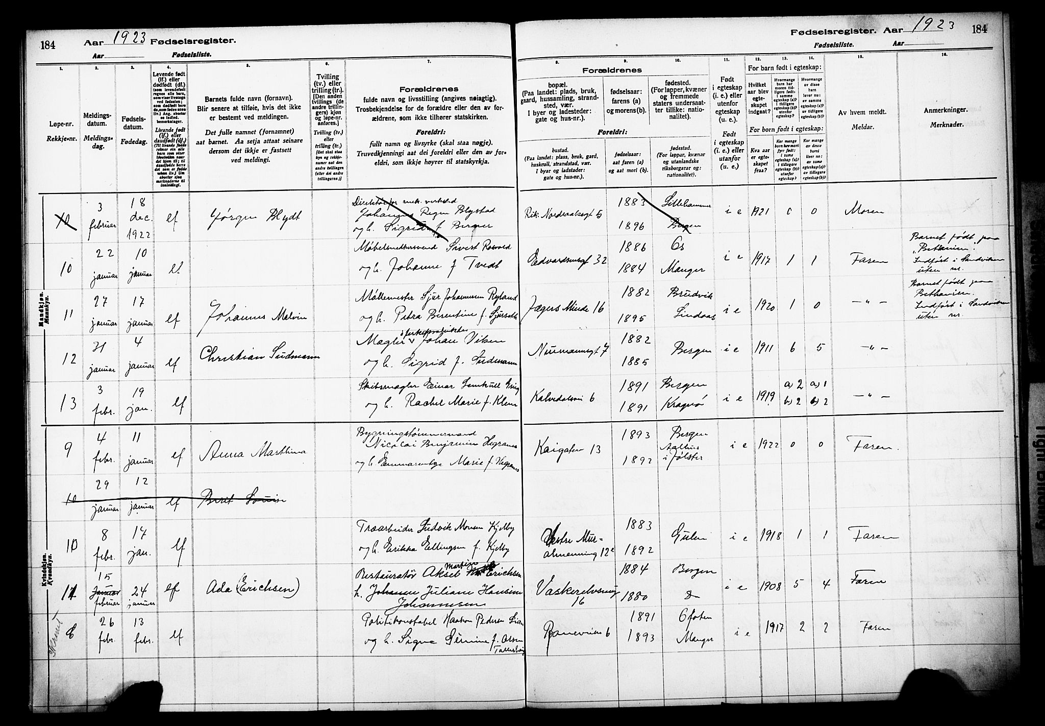 Domkirken sokneprestembete, AV/SAB-A-74801/I/Id/L00A1: Birth register no. A 1, 1916-1923, p. 184