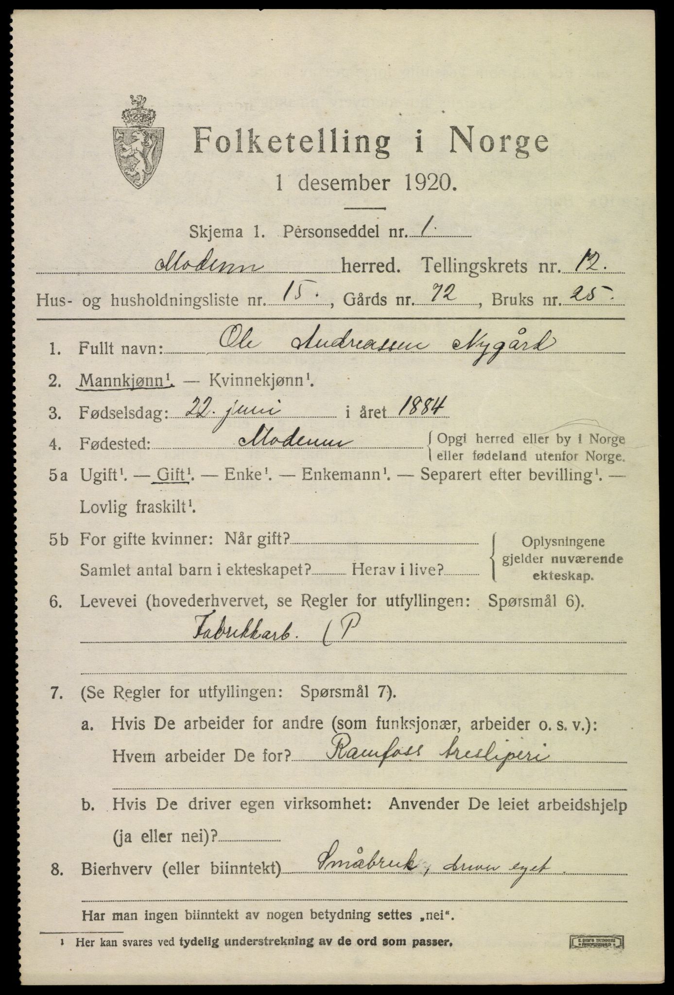 SAKO, 1920 census for Modum, 1920, p. 14503