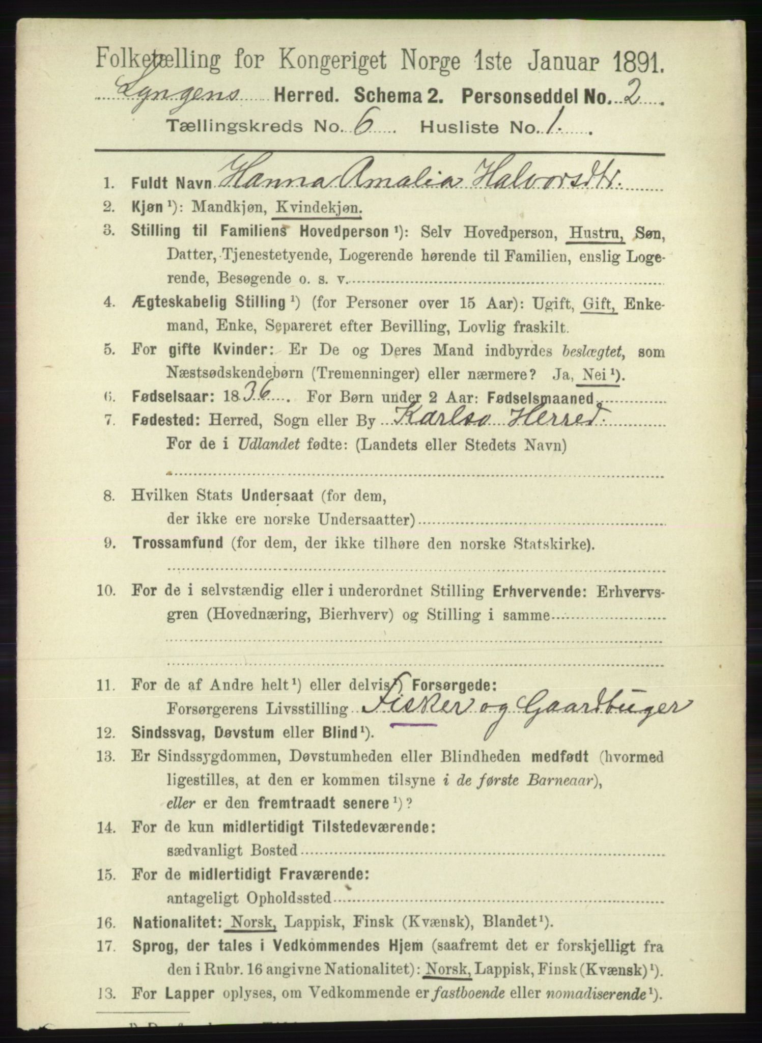 RA, 1891 census for 1938 Lyngen, 1891, p. 5230