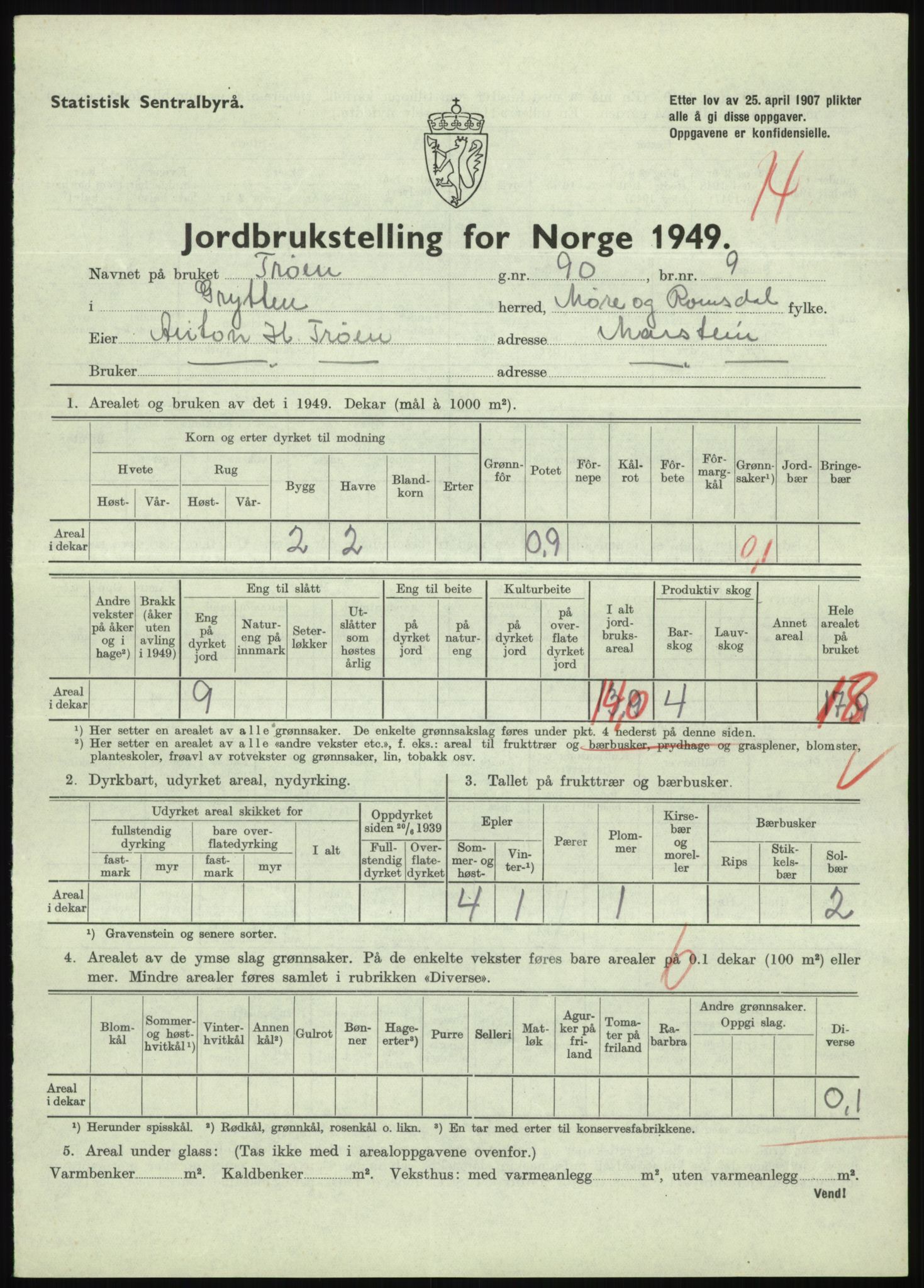 Statistisk sentralbyrå, Næringsøkonomiske emner, Jordbruk, skogbruk, jakt, fiske og fangst, AV/RA-S-2234/G/Gc/L0323: Møre og Romsdal: Grytten og Hen, 1949, p. 49