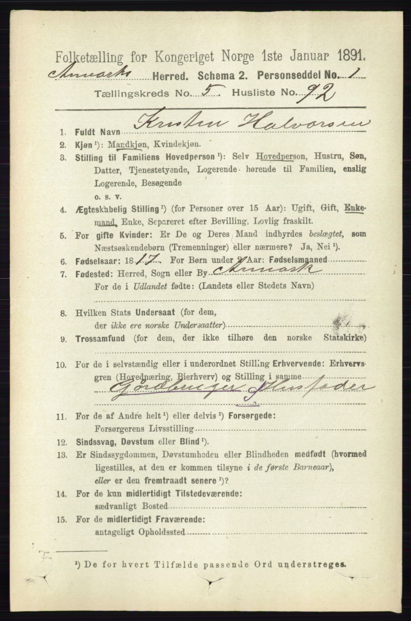 RA, 1891 census for 0118 Aremark, 1891, p. 2988