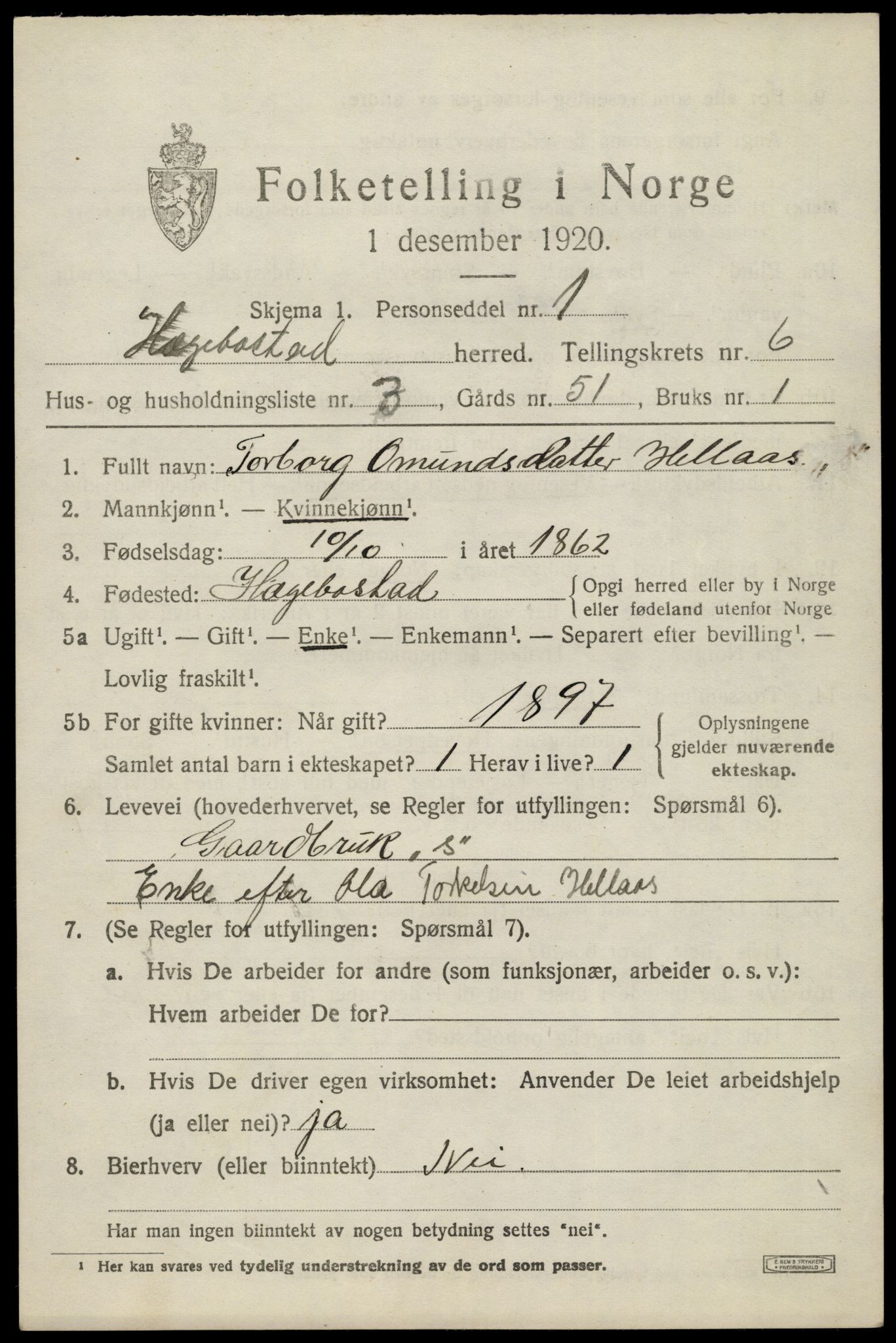 SAK, 1920 census for Hægebostad, 1920, p. 2011
