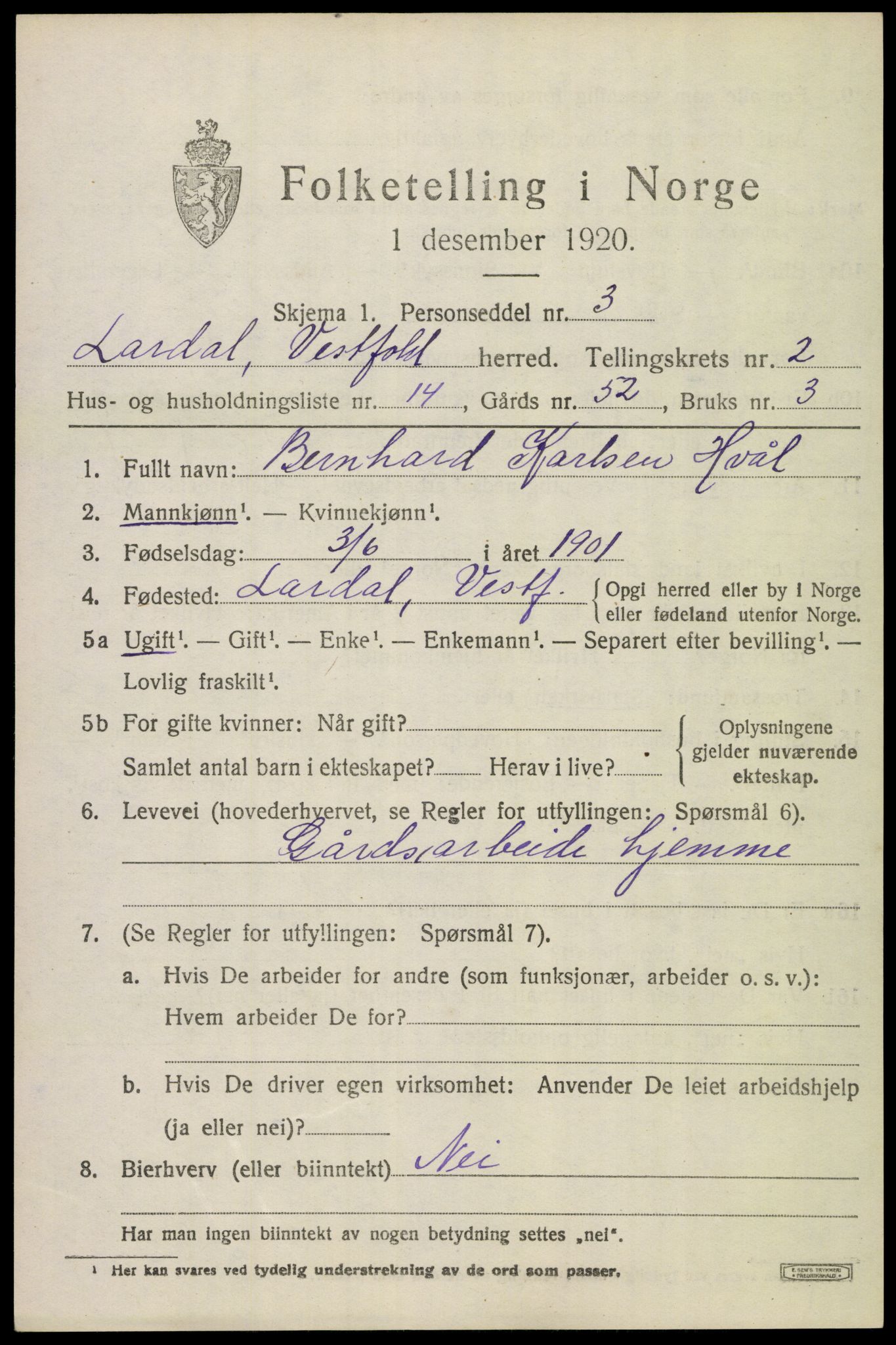 SAKO, 1920 census for Lardal, 1920, p. 2135