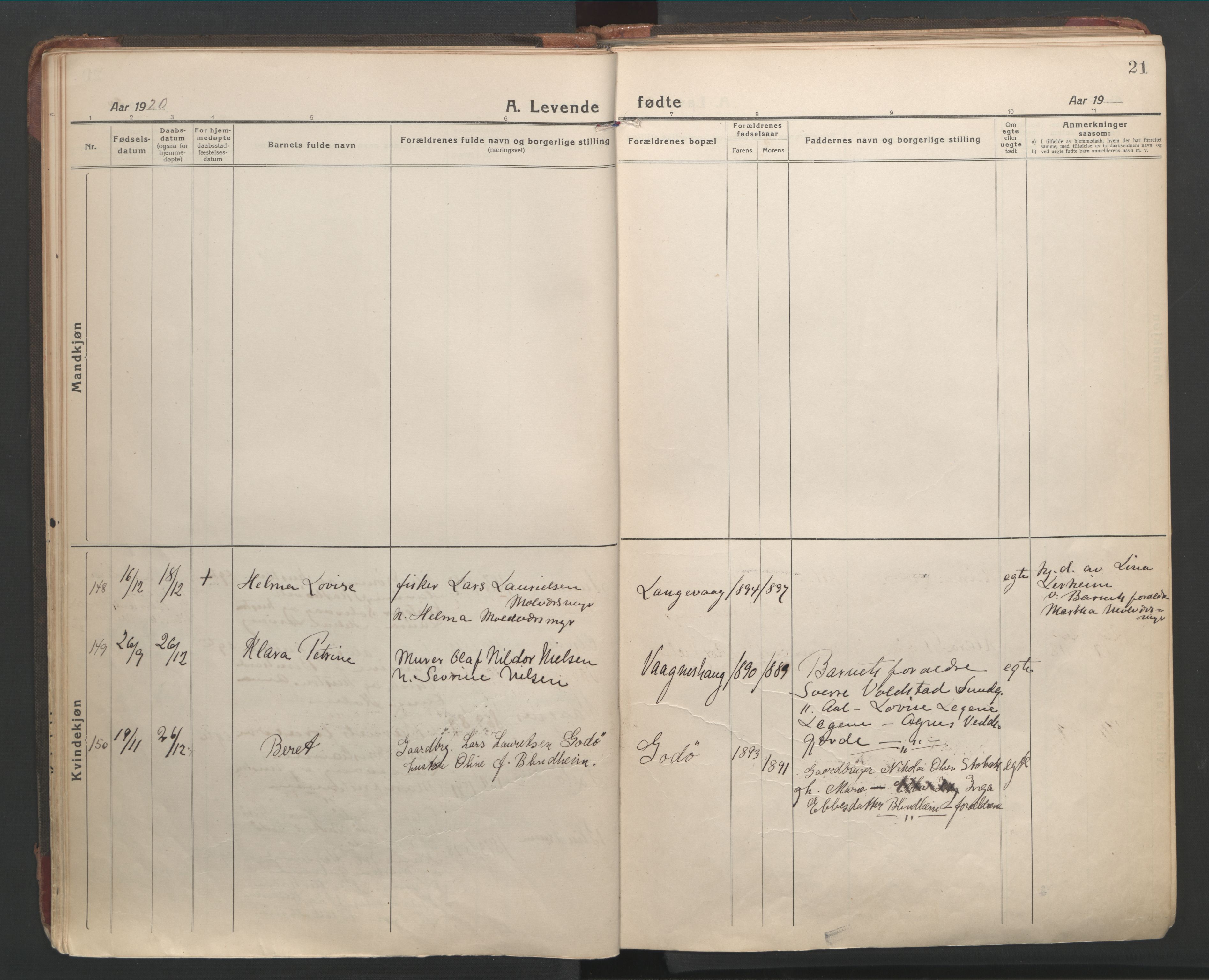 Ministerialprotokoller, klokkerbøker og fødselsregistre - Møre og Romsdal, SAT/A-1454/528/L0412: Parish register (official) no. 528A21, 1920-1926, p. 21