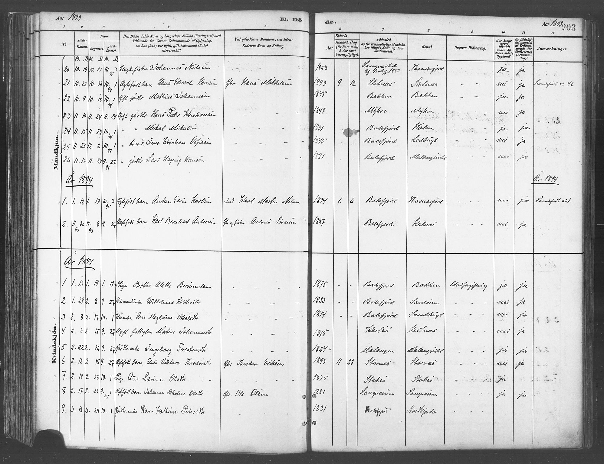 Balsfjord sokneprestembete, AV/SATØ-S-1303/G/Gaa/L0005kirke: Parish register (official) no. 5, 1884-1897, p. 203
