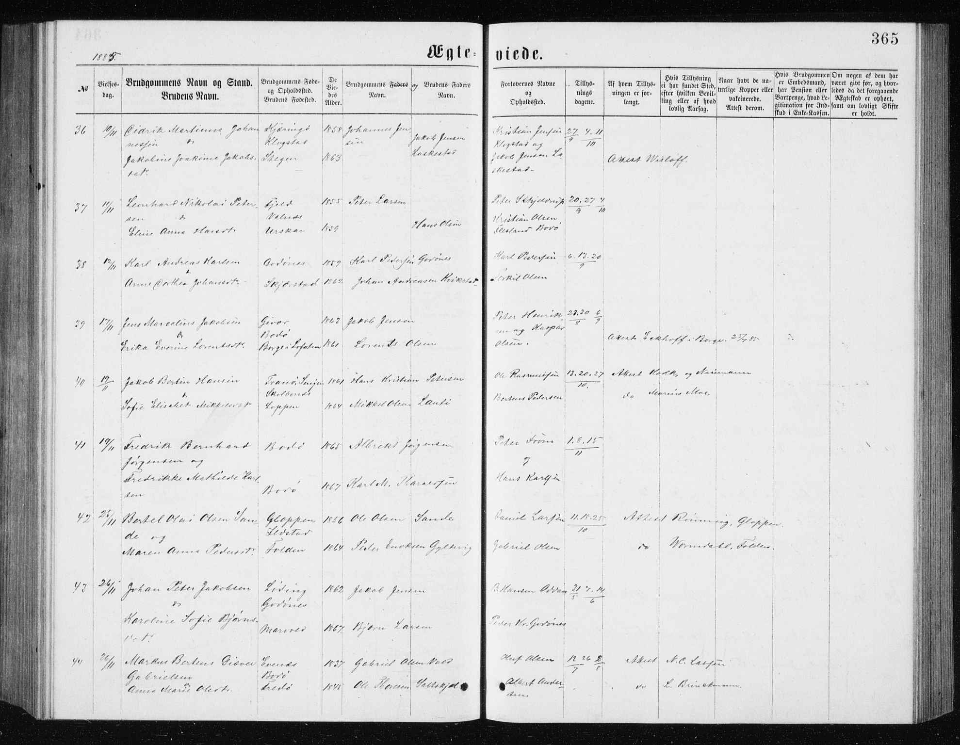 Ministerialprotokoller, klokkerbøker og fødselsregistre - Nordland, AV/SAT-A-1459/801/L0031: Parish register (copy) no. 801C06, 1883-1887, p. 365