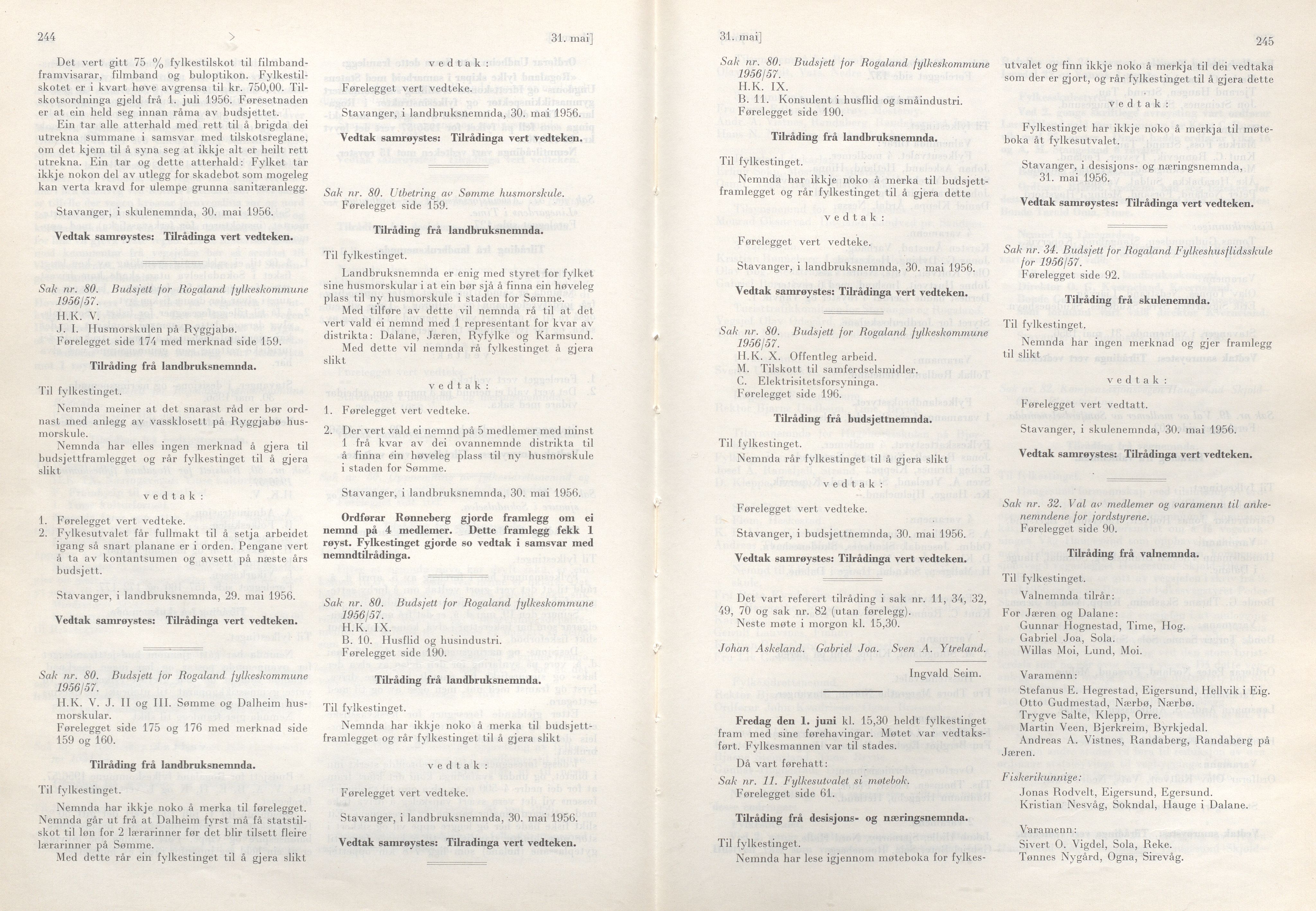 Rogaland fylkeskommune - Fylkesrådmannen , IKAR/A-900/A/Aa/Aaa/L0075: Møtebok , 1956, p. 244-245