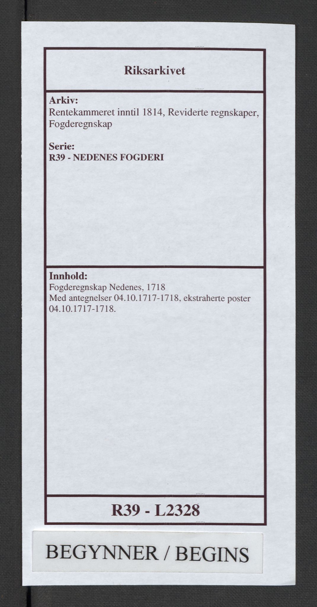 Rentekammeret inntil 1814, Reviderte regnskaper, Fogderegnskap, AV/RA-EA-4092/R39/L2328: Fogderegnskap Nedenes, 1718, p. 1