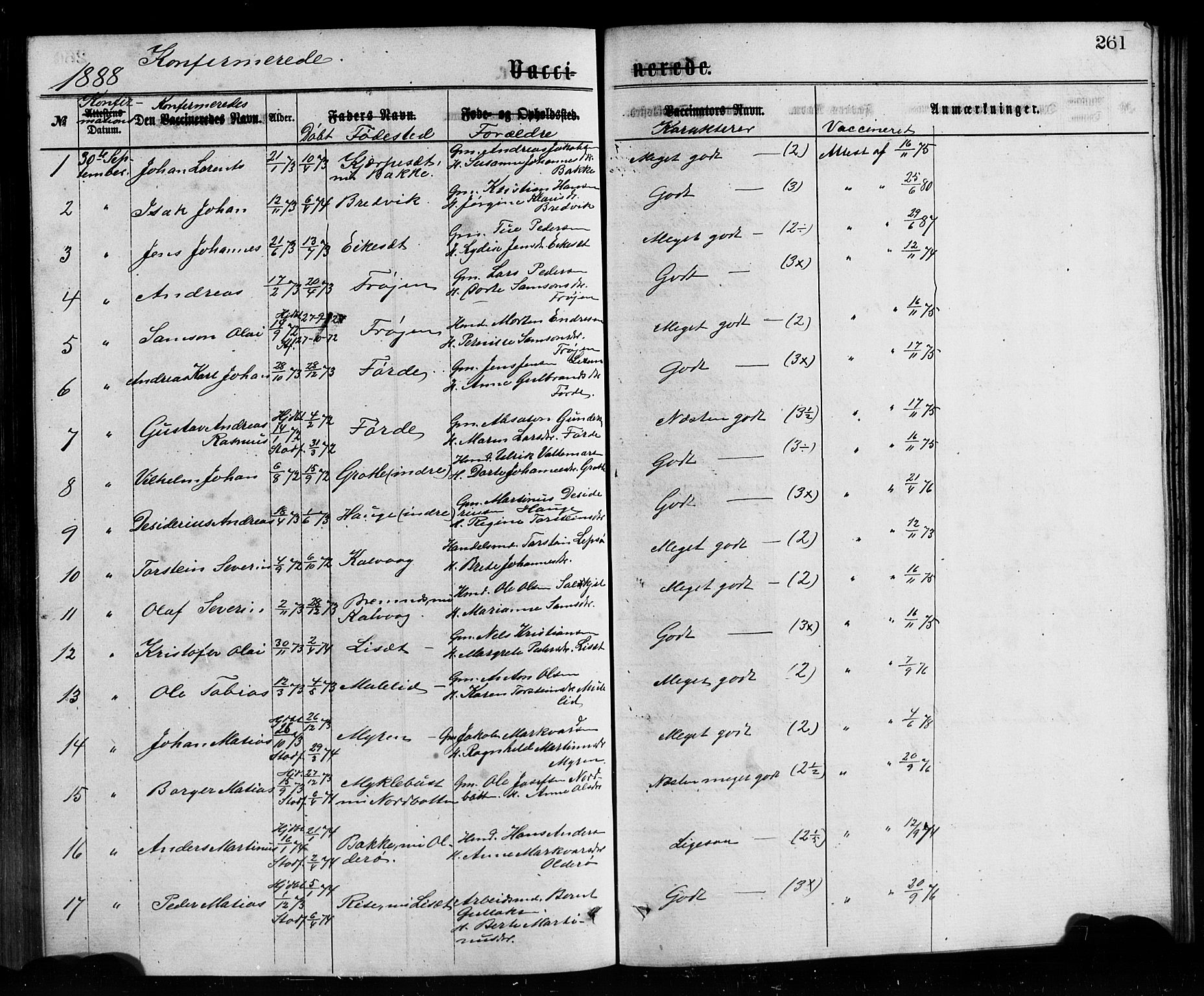 Bremanger sokneprestembete, AV/SAB-A-82201/H/Hab/Haba/L0002: Parish register (copy) no. A 2, 1866-1889, p. 261