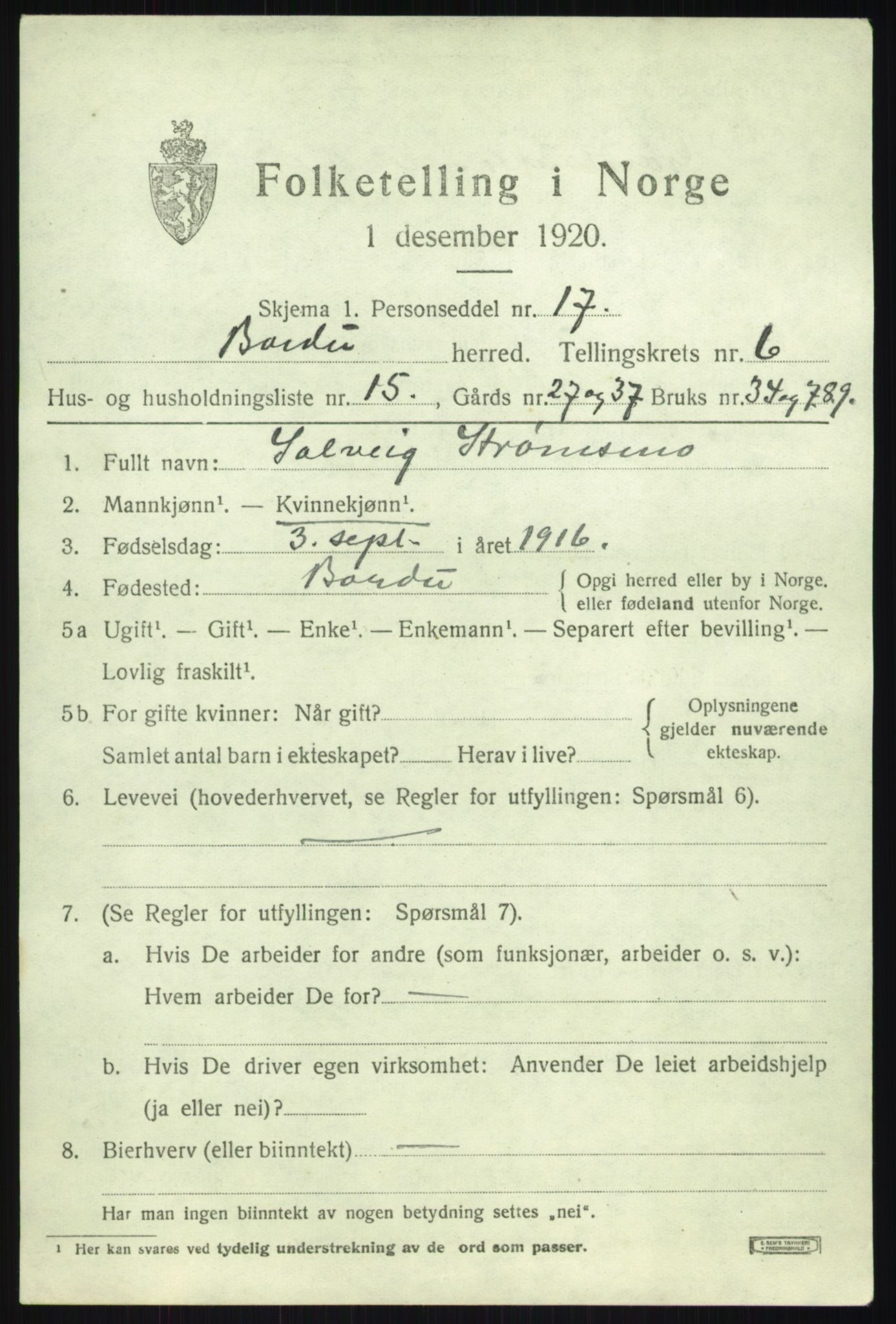 SATØ, 1920 census for Bardu, 1920, p. 2706
