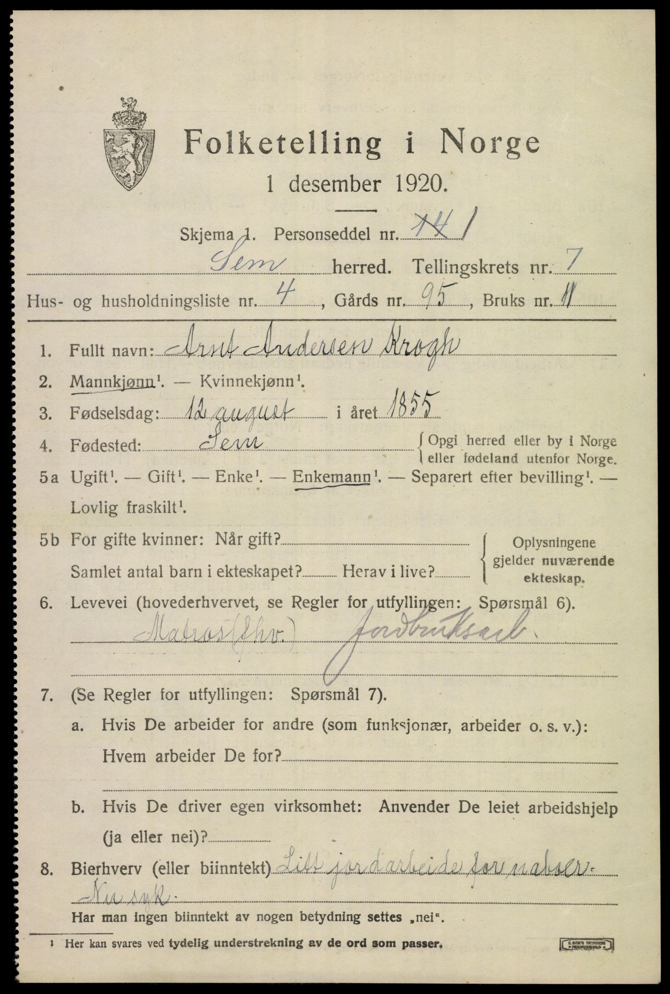 SAKO, 1920 census for Sem, 1920, p. 10369