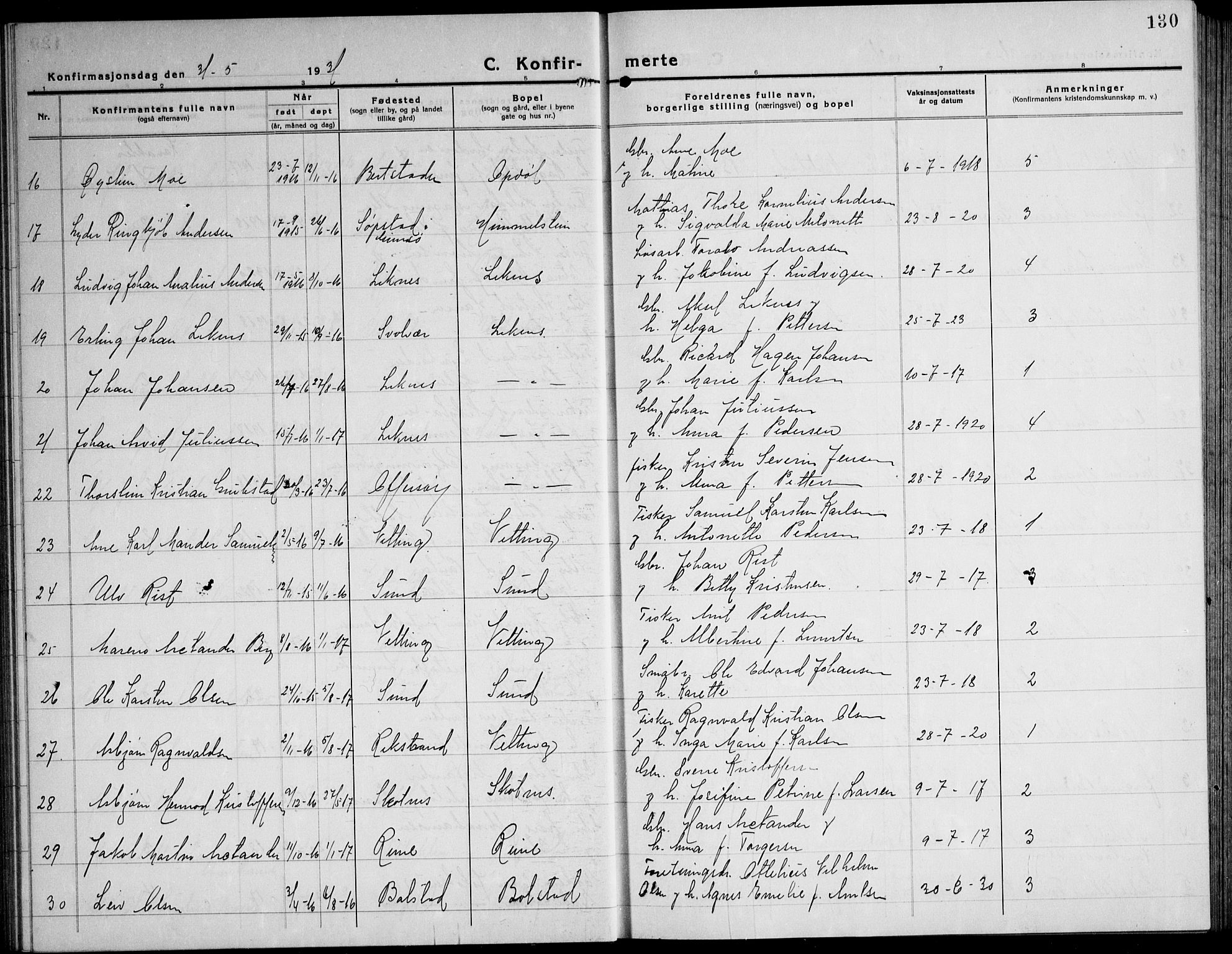 Ministerialprotokoller, klokkerbøker og fødselsregistre - Nordland, AV/SAT-A-1459/881/L1170: Parish register (copy) no. 881C07, 1930-1943, p. 130