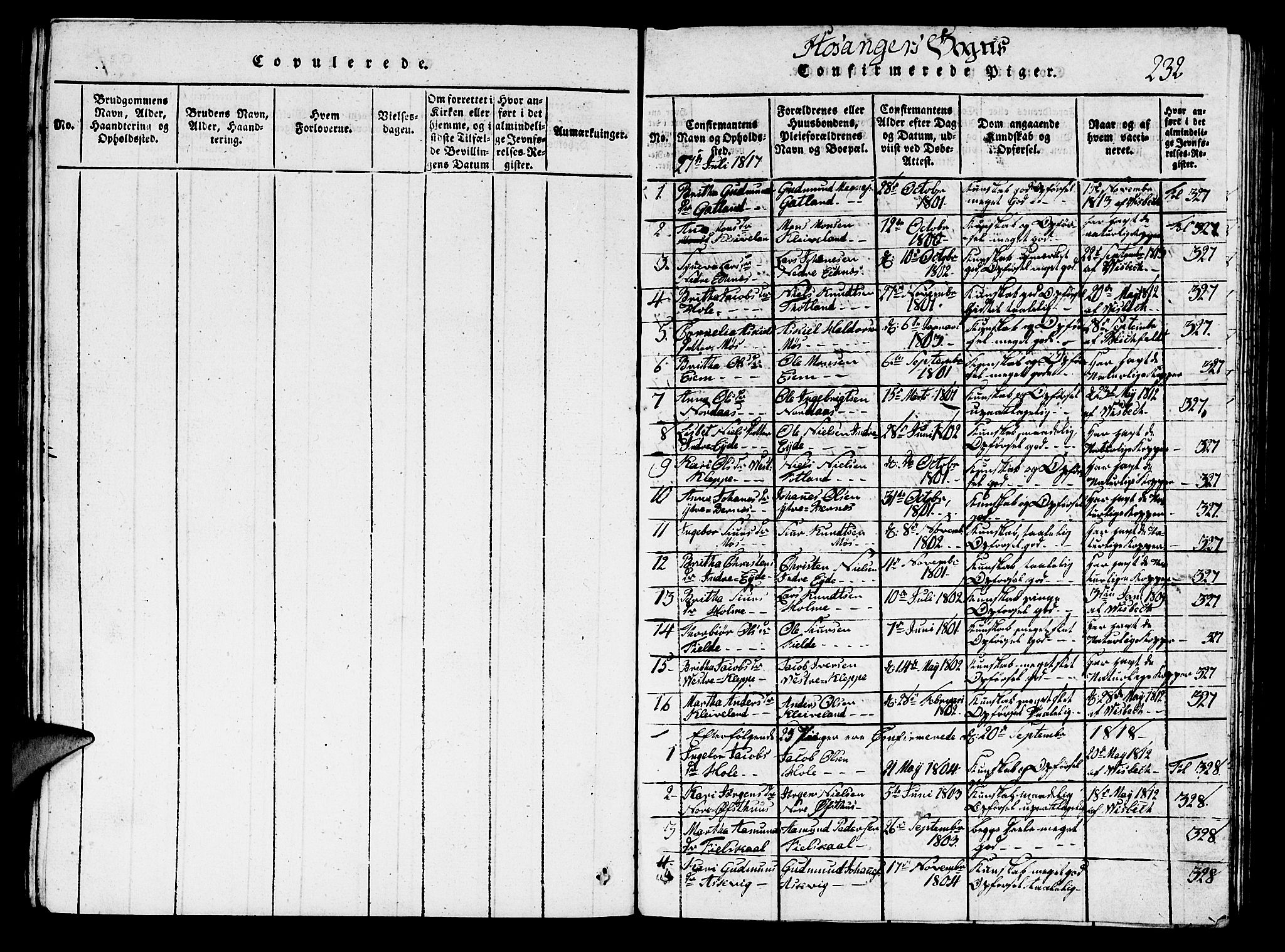 Hosanger sokneprestembete, AV/SAB-A-75801/H/Hab: Parish register (copy) no. A 1 /1, 1816-1856, p. 232