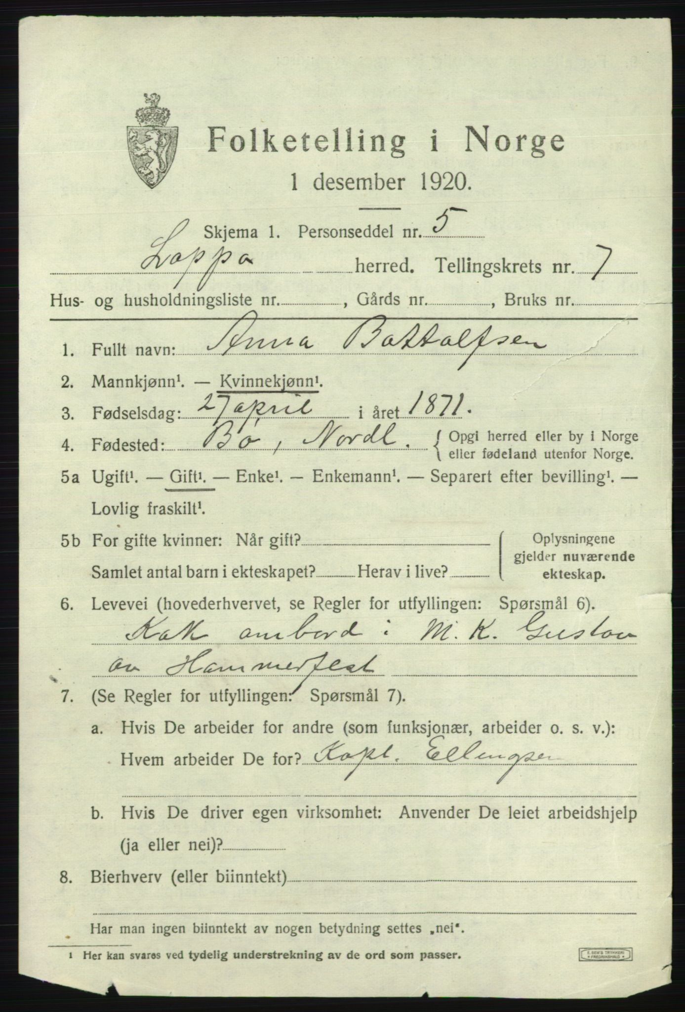 SATØ, 1920 census for Loppa, 1920, p. 3674