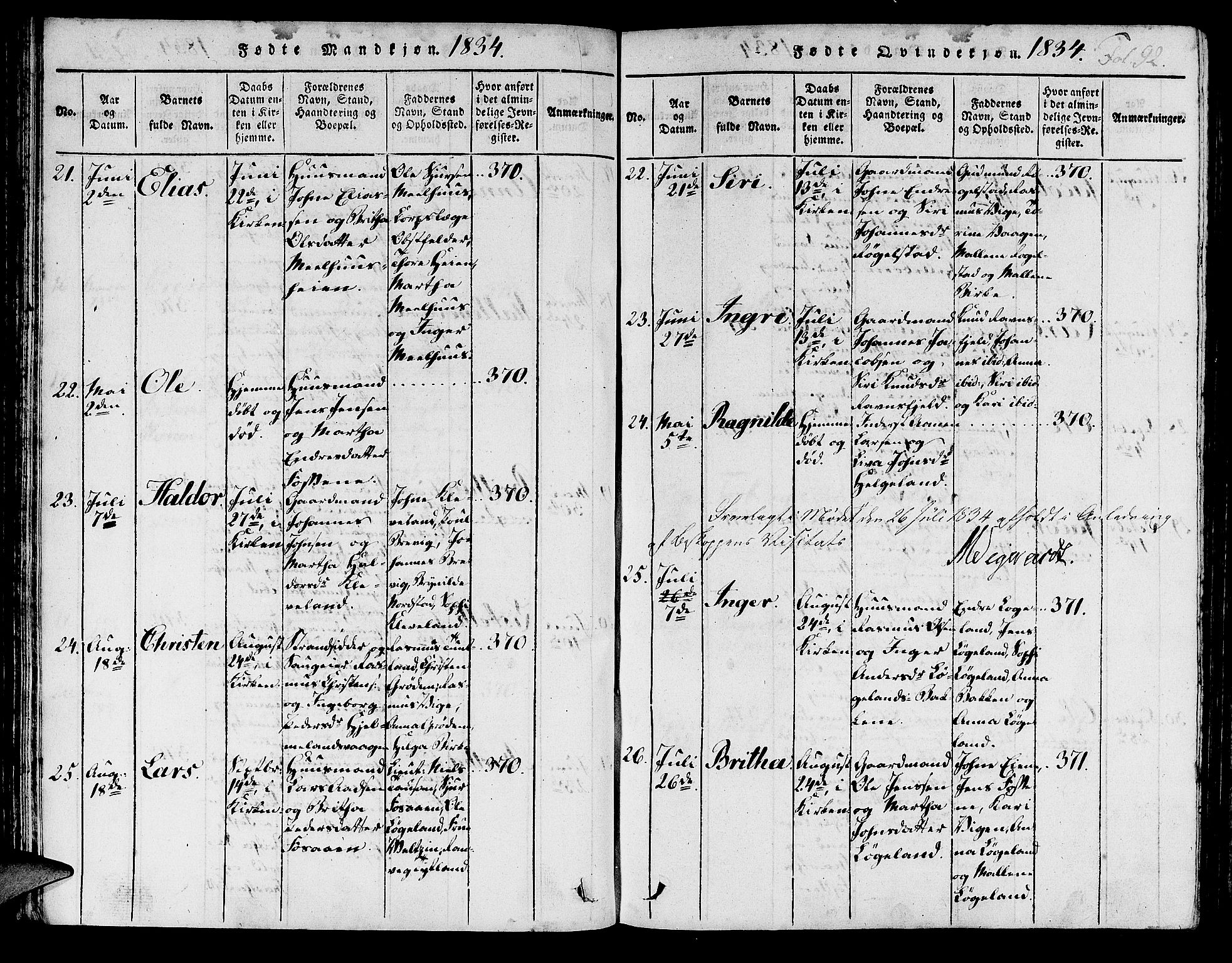 Hjelmeland sokneprestkontor, SAST/A-101843/01/IV/L0003: Parish register (official) no. A 3, 1816-1834, p. 92