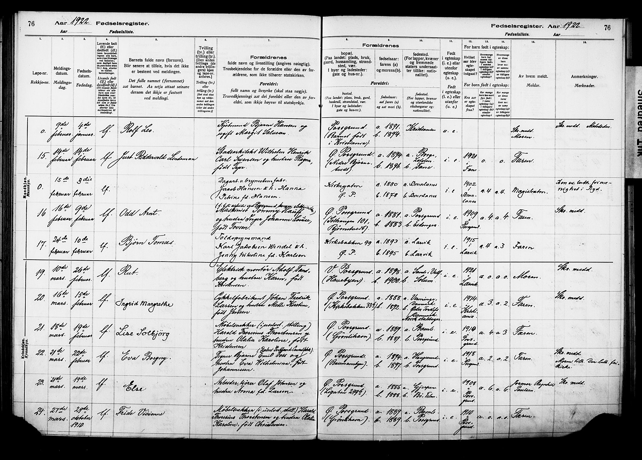 Porsgrunn kirkebøker , AV/SAKO-A-104/J/Ja/L0001: Birth register no. 1, 1916-1929, p. 76