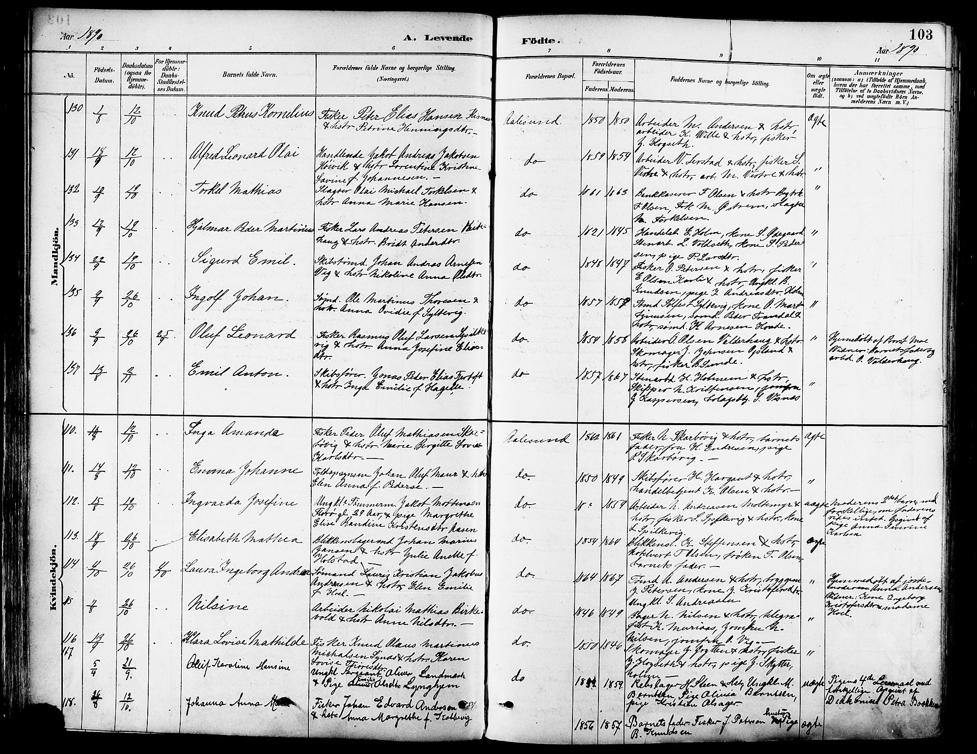 Ministerialprotokoller, klokkerbøker og fødselsregistre - Møre og Romsdal, SAT/A-1454/529/L0455: Parish register (official) no. 529A05, 1885-1893, p. 103