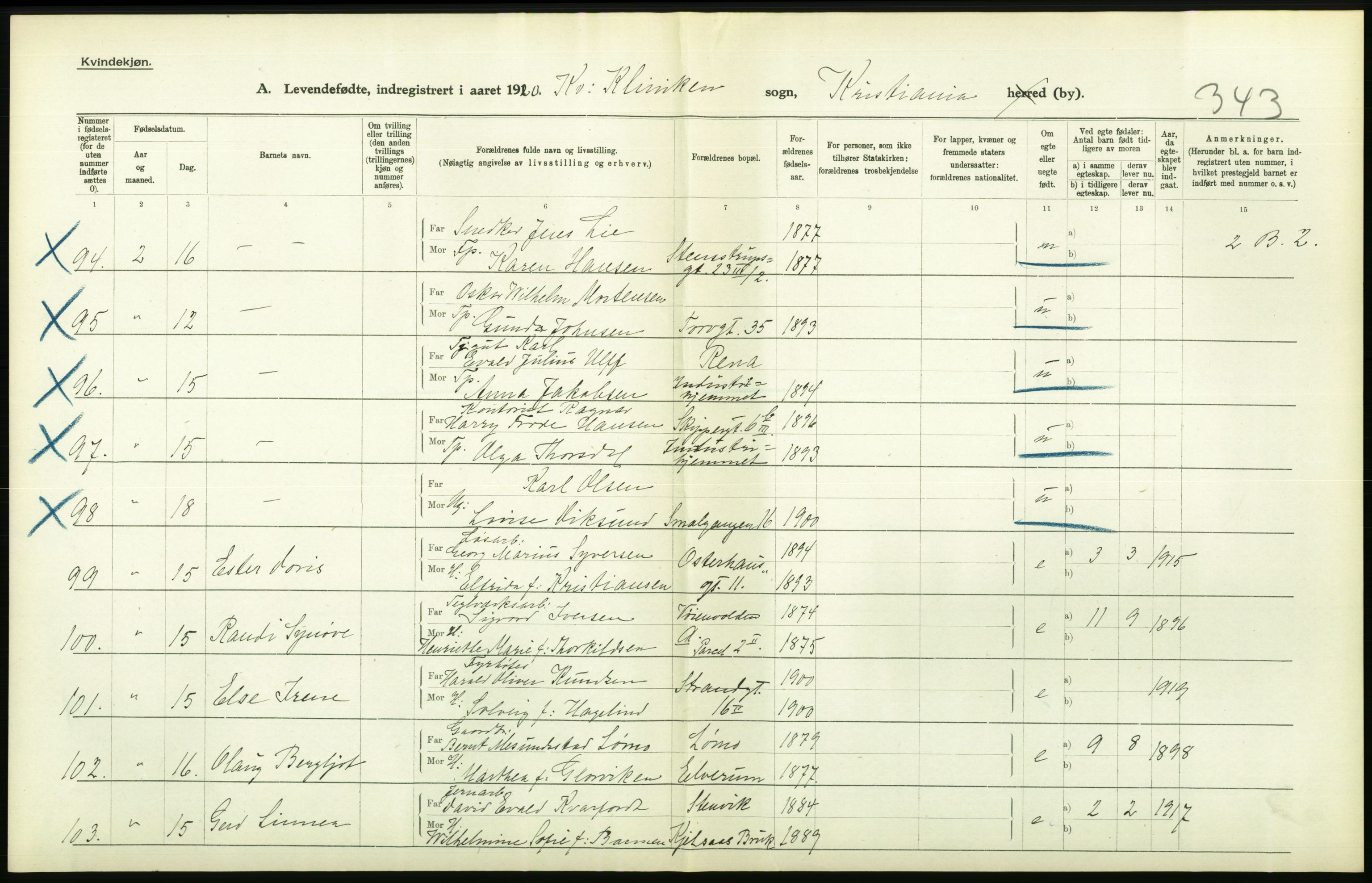 Statistisk sentralbyrå, Sosiodemografiske emner, Befolkning, AV/RA-S-2228/D/Df/Dfb/Dfbj/L0008: Kristiania: Levendefødte menn og kvinner., 1920, p. 546