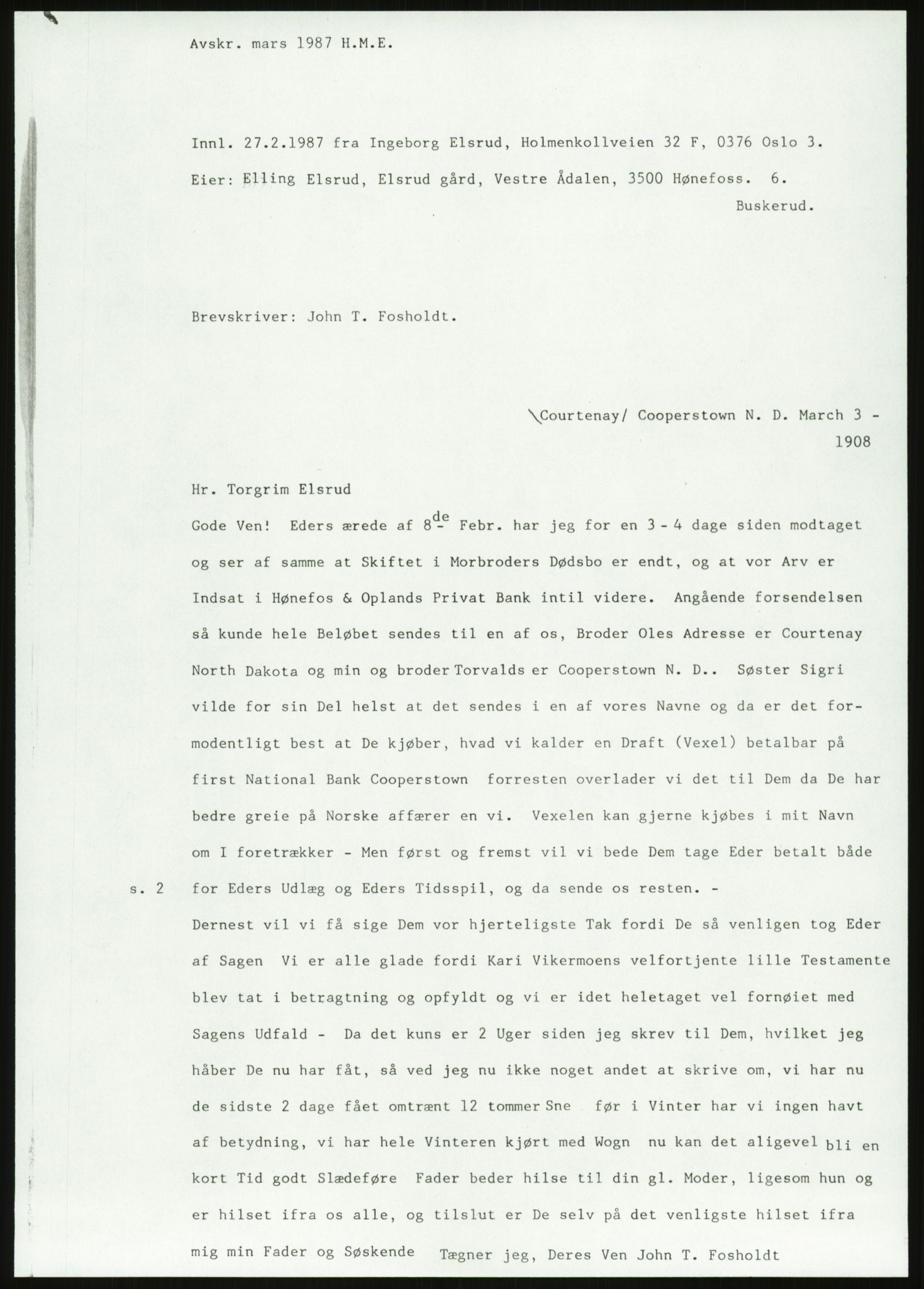 Samlinger til kildeutgivelse, Amerikabrevene, AV/RA-EA-4057/F/L0018: Innlån fra Buskerud: Elsrud, 1838-1914, p. 889