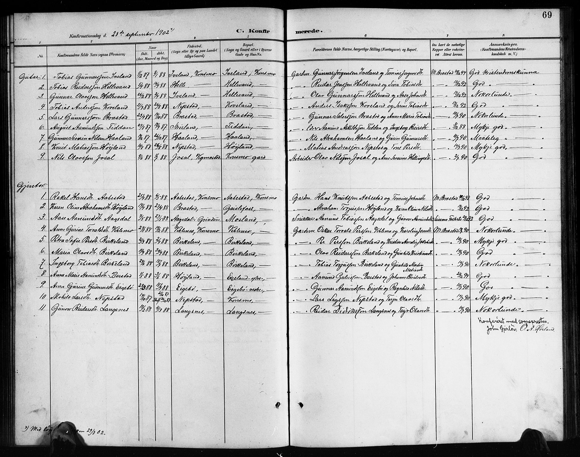 Nord-Audnedal sokneprestkontor, SAK/1111-0032/F/Fb/Fba/L0004: Parish register (copy) no. B 4, 1901-1917, p. 69