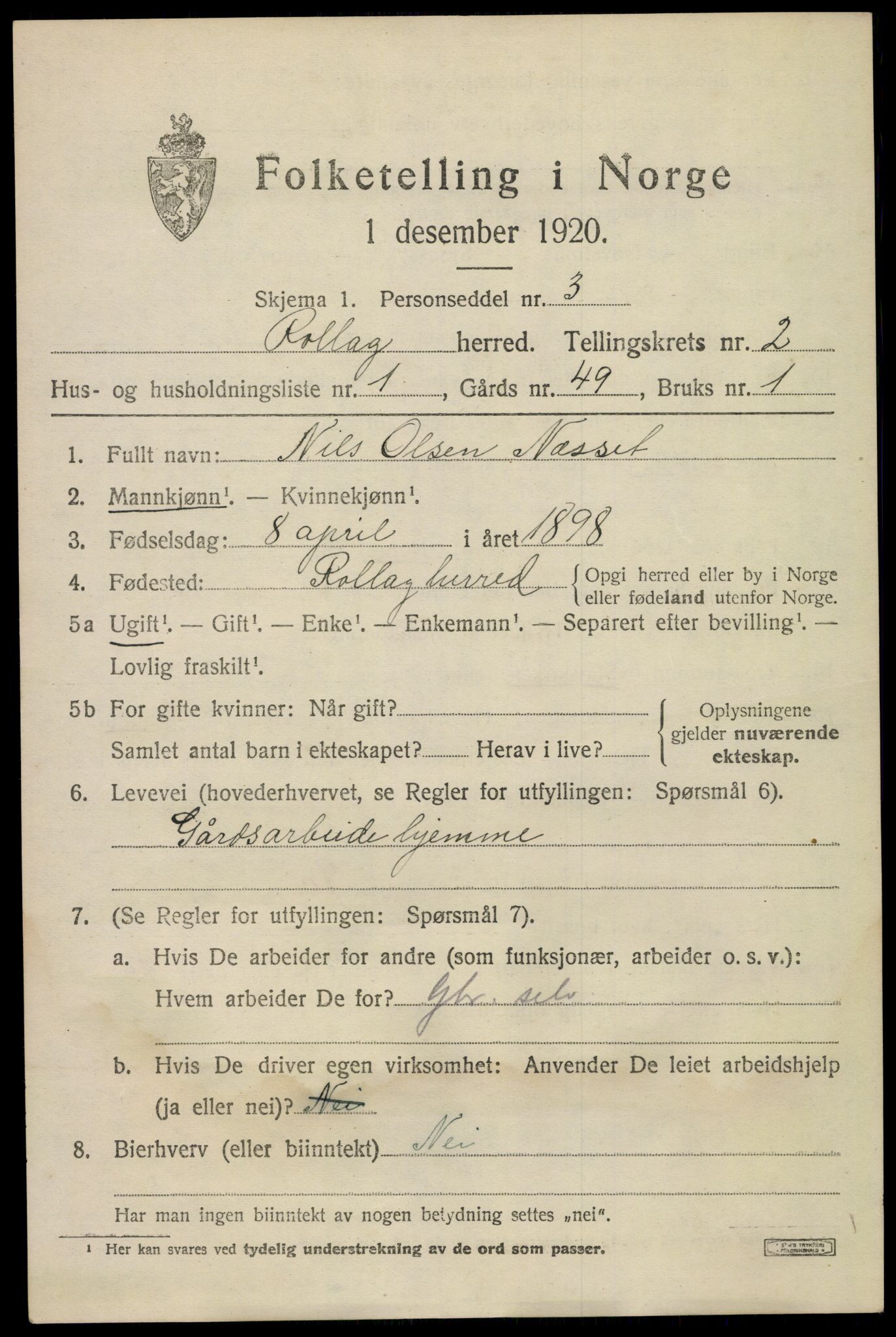 SAKO, 1920 census for Rollag, 1920, p. 958