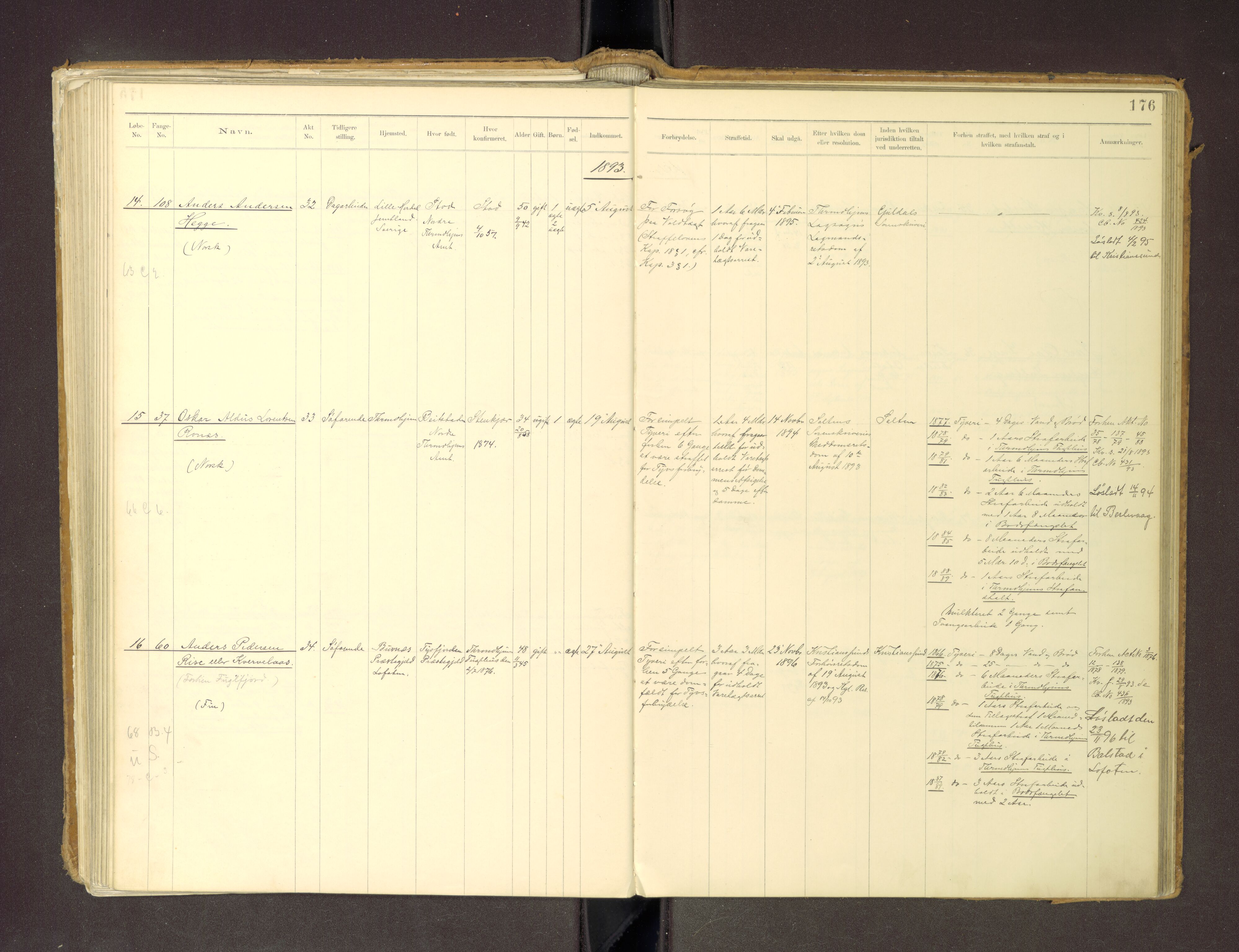 Trondheim tukthus, SAT/A-4619/05/65/L0036: 65.36 Fangeprotokoll m/reg, 1885-1898, p. 176