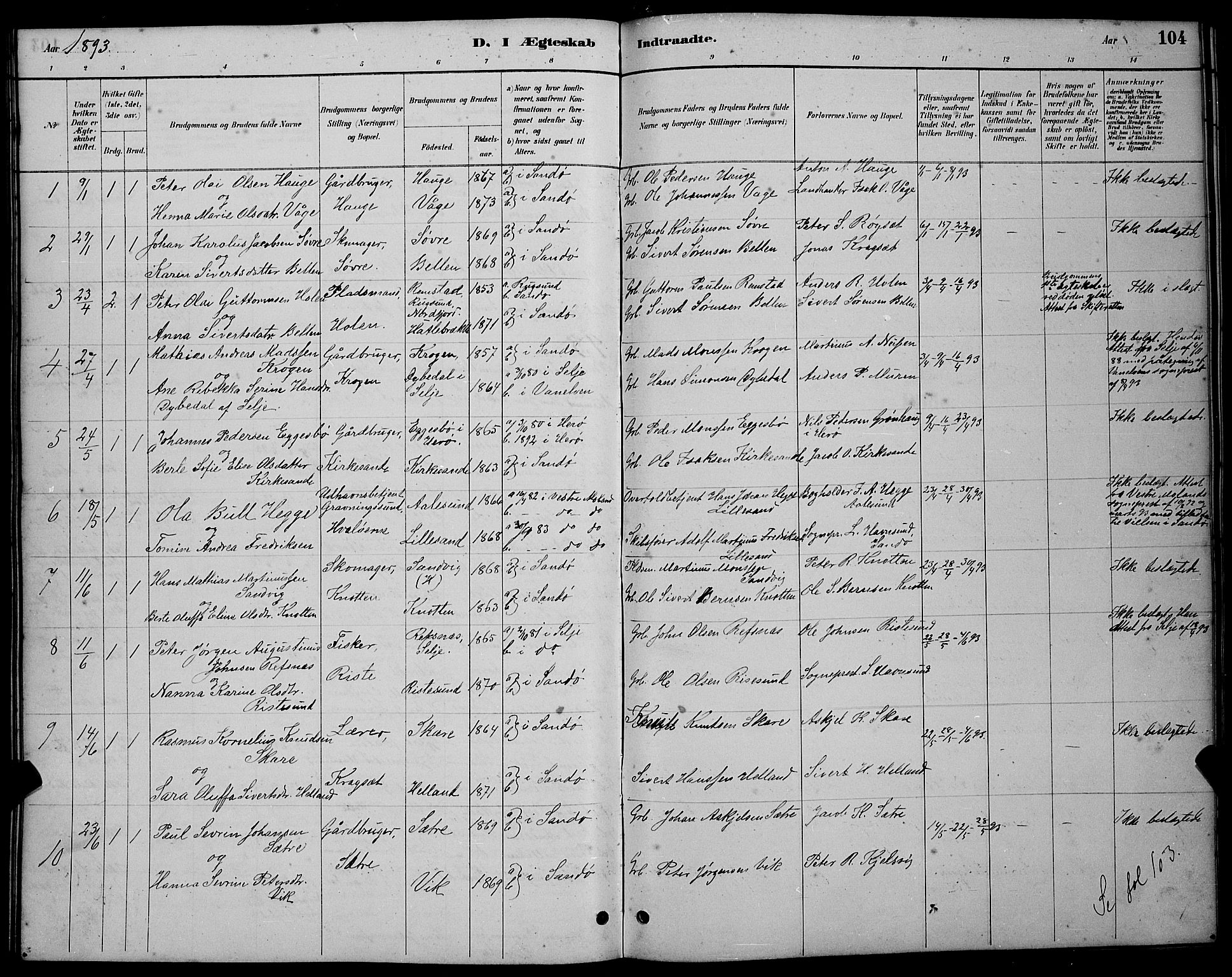 Ministerialprotokoller, klokkerbøker og fødselsregistre - Møre og Romsdal, AV/SAT-A-1454/503/L0048: Parish register (copy) no. 503C03, 1885-1893, p. 104