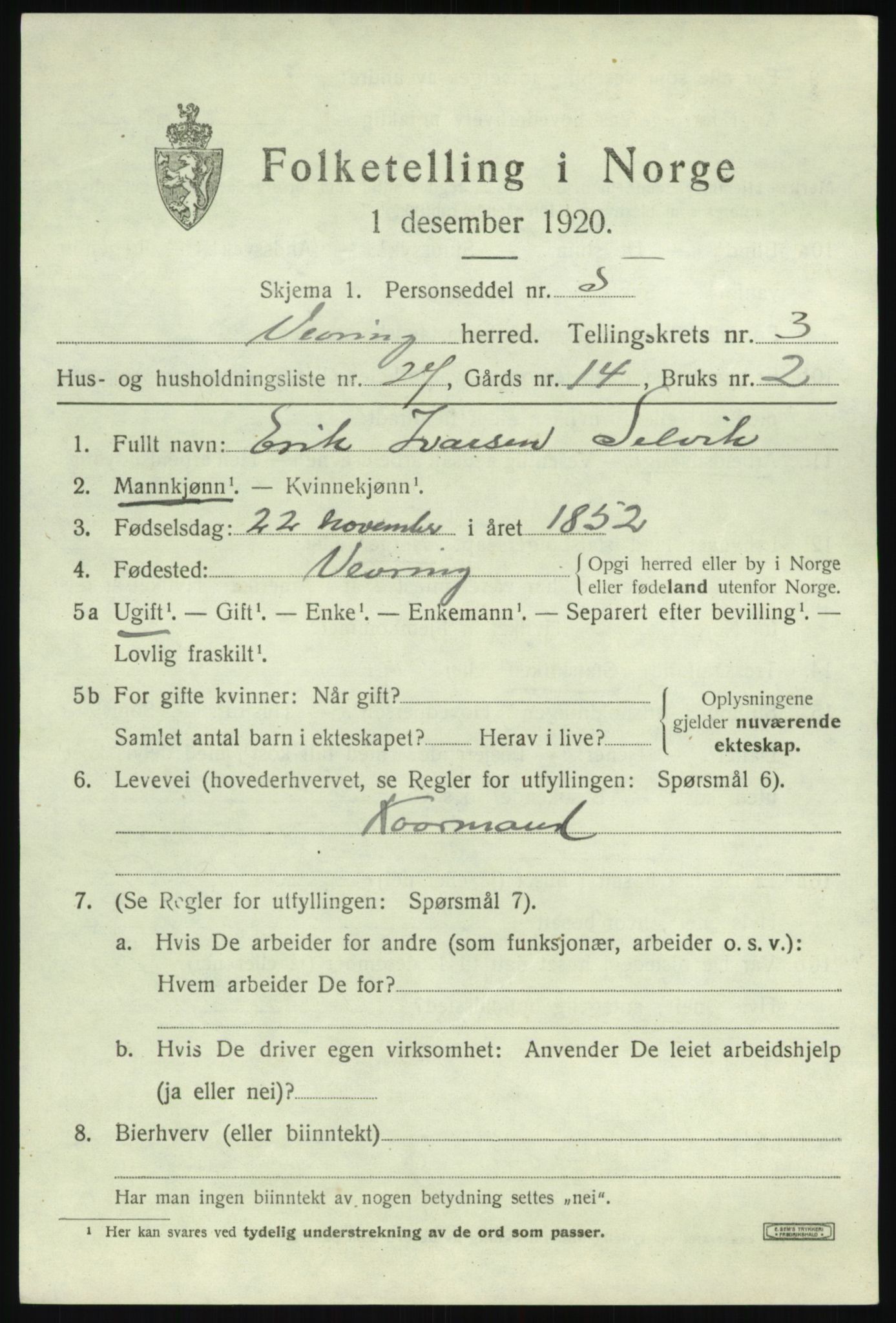 SAB, 1920 census for Vevring, 1920, p. 1312