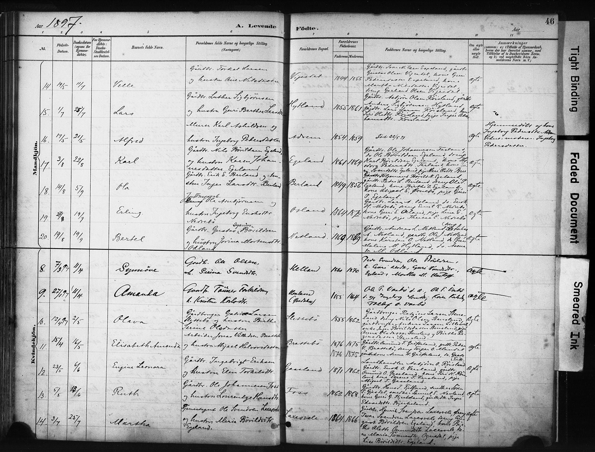 Helleland sokneprestkontor, AV/SAST-A-101810: Parish register (official) no. A 9, 1887-1908, p. 46