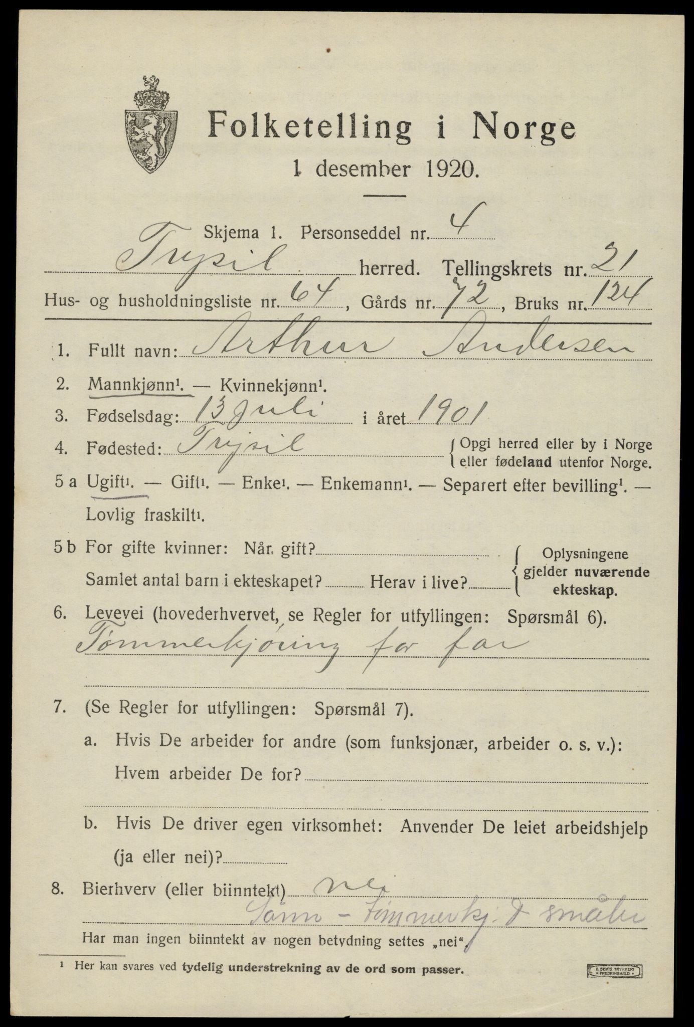 SAH, 1920 census for Trysil, 1920, p. 14533