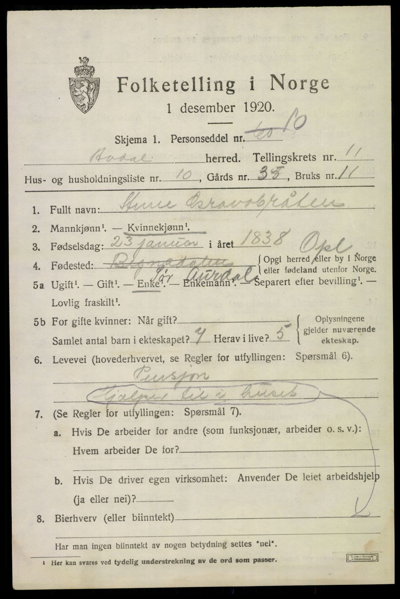 SAKO, 1920 census for Ådal, 1920, p. 6742