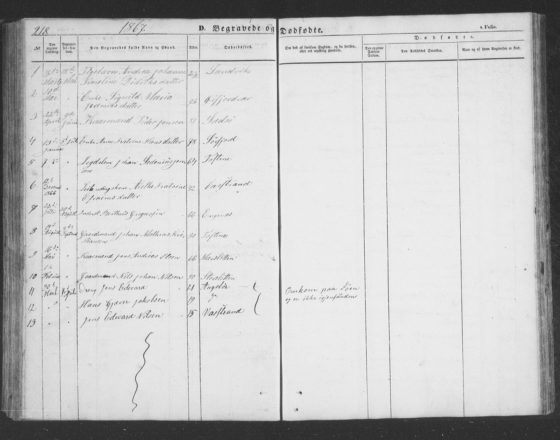 Lenvik sokneprestembete, AV/SATØ-S-1310/H/Ha/Hab/L0020klokker: Parish register (copy) no. 20, 1855-1883, p. 218