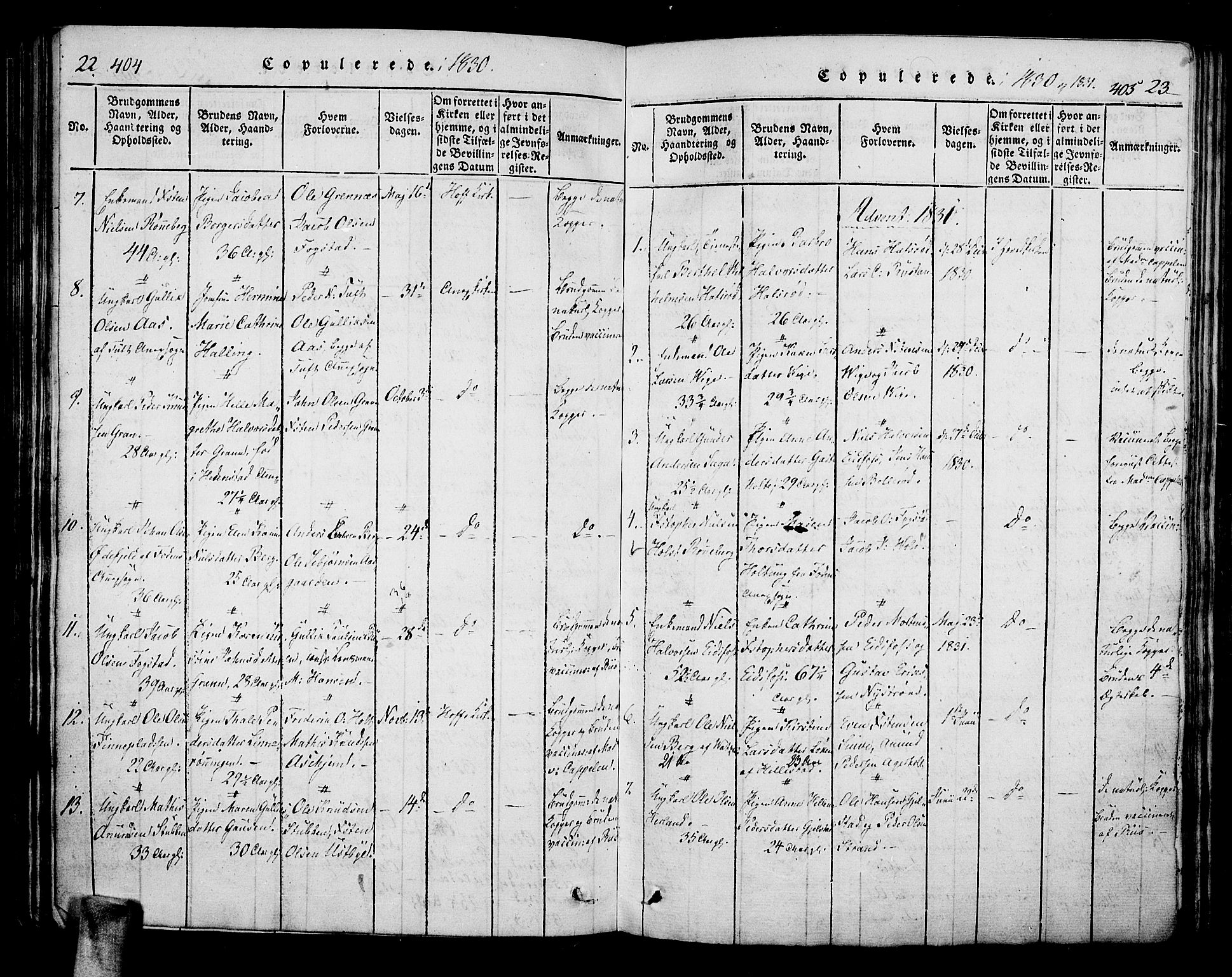 Hof kirkebøker, SAKO/A-64/F/Fa/L0004: Parish register (official) no. I 4, 1814-1843, p. 404-405