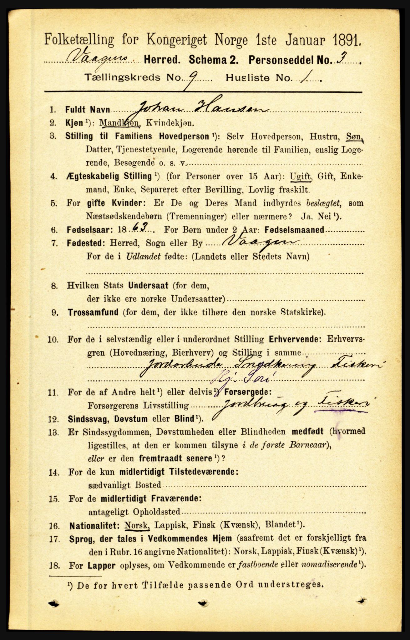 RA, 1891 census for 1865 Vågan, 1891, p. 2264