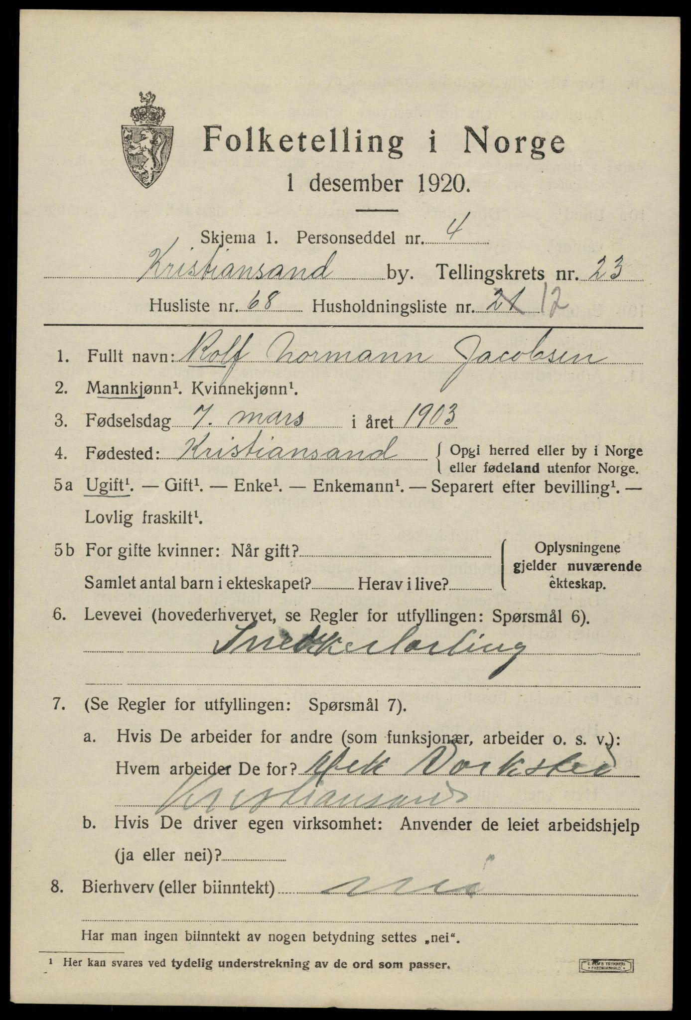 SAK, 1920 census for Kristiansand, 1920, p. 41655