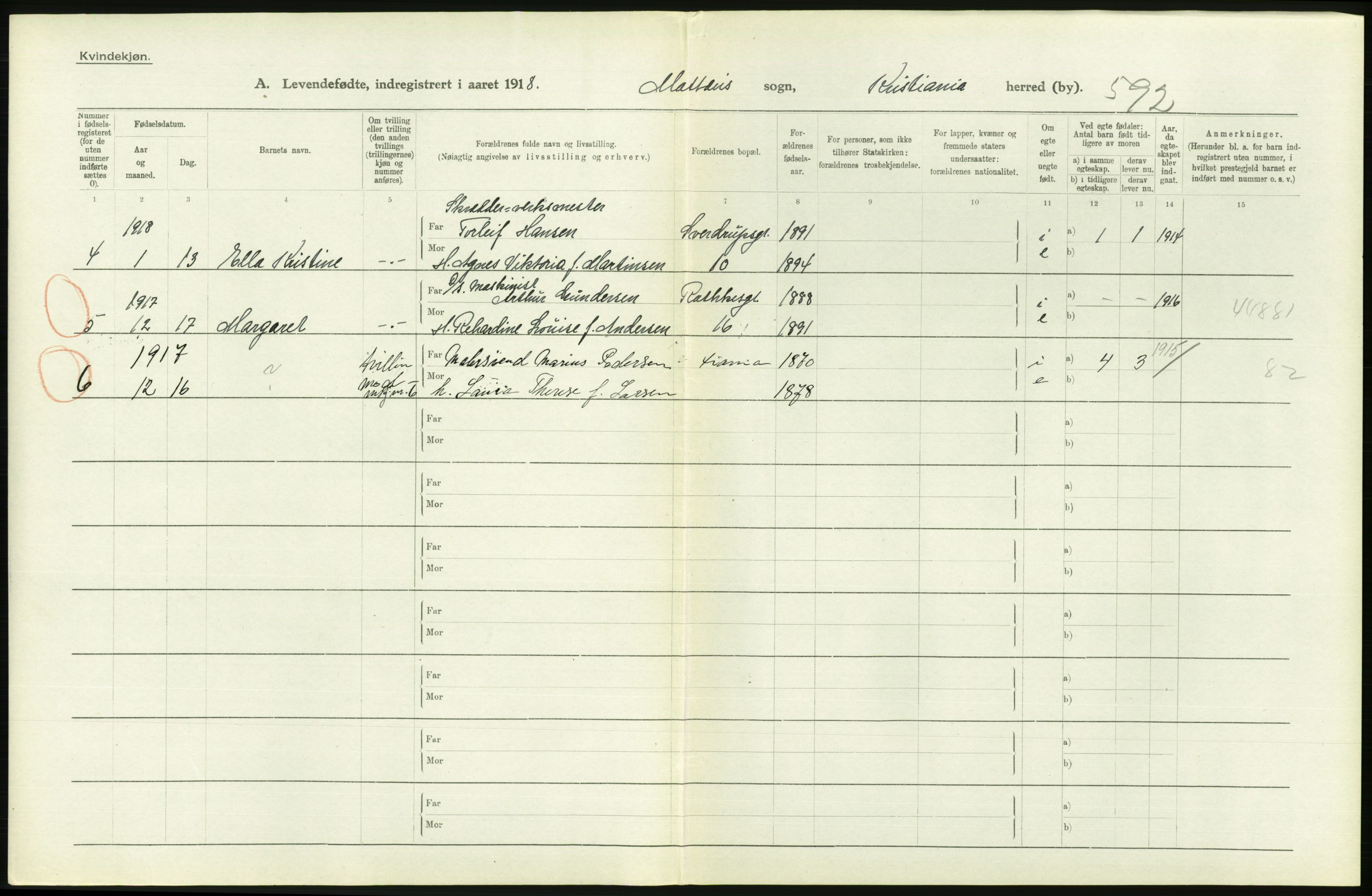 Statistisk sentralbyrå, Sosiodemografiske emner, Befolkning, AV/RA-S-2228/D/Df/Dfb/Dfbh/L0008: Kristiania: Levendefødte menn og kvinner., 1918, p. 26