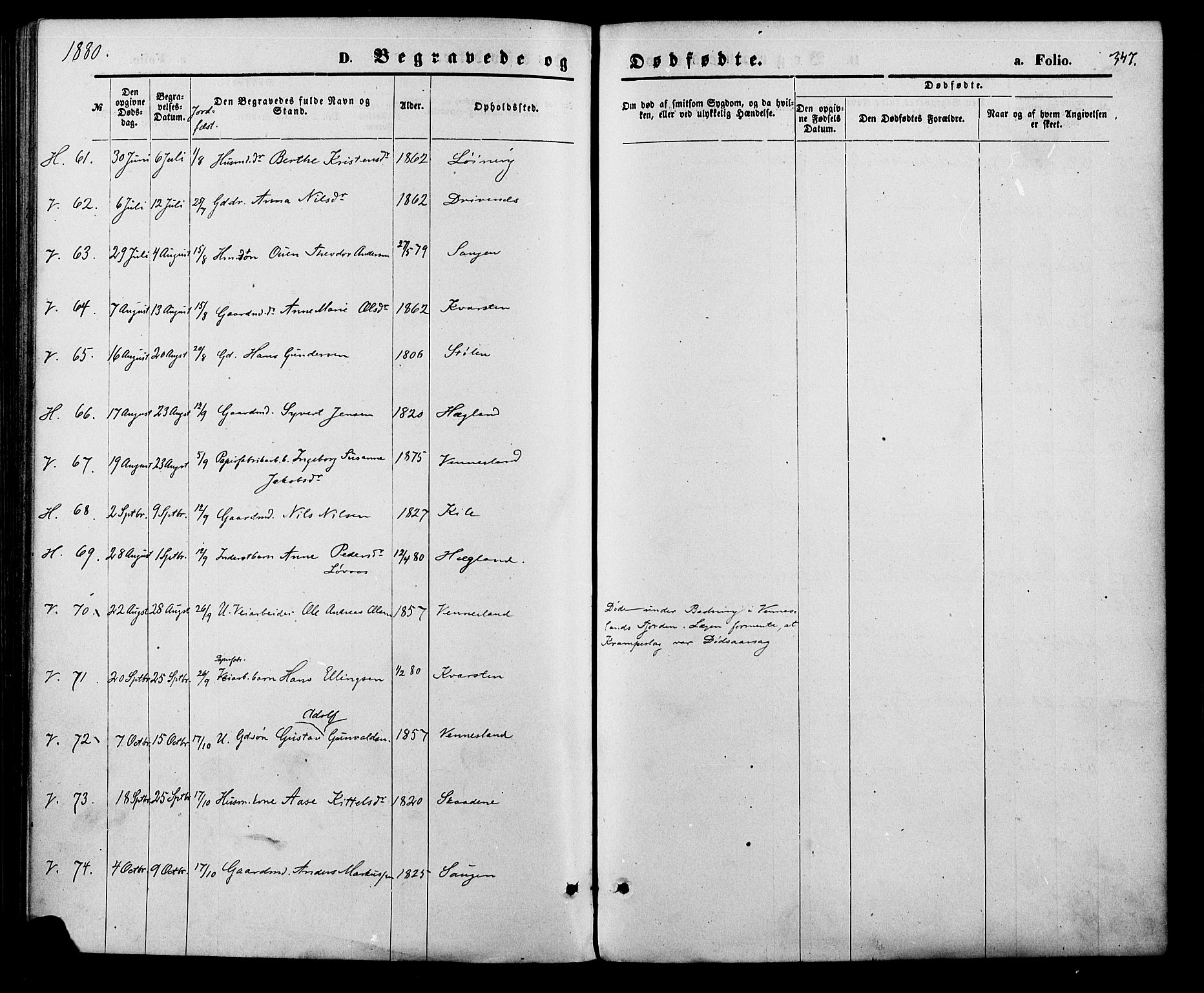 Vennesla sokneprestkontor, SAK/1111-0045/Fa/Fac/L0008: Parish register (official) no. A 8, 1874-1883, p. 347