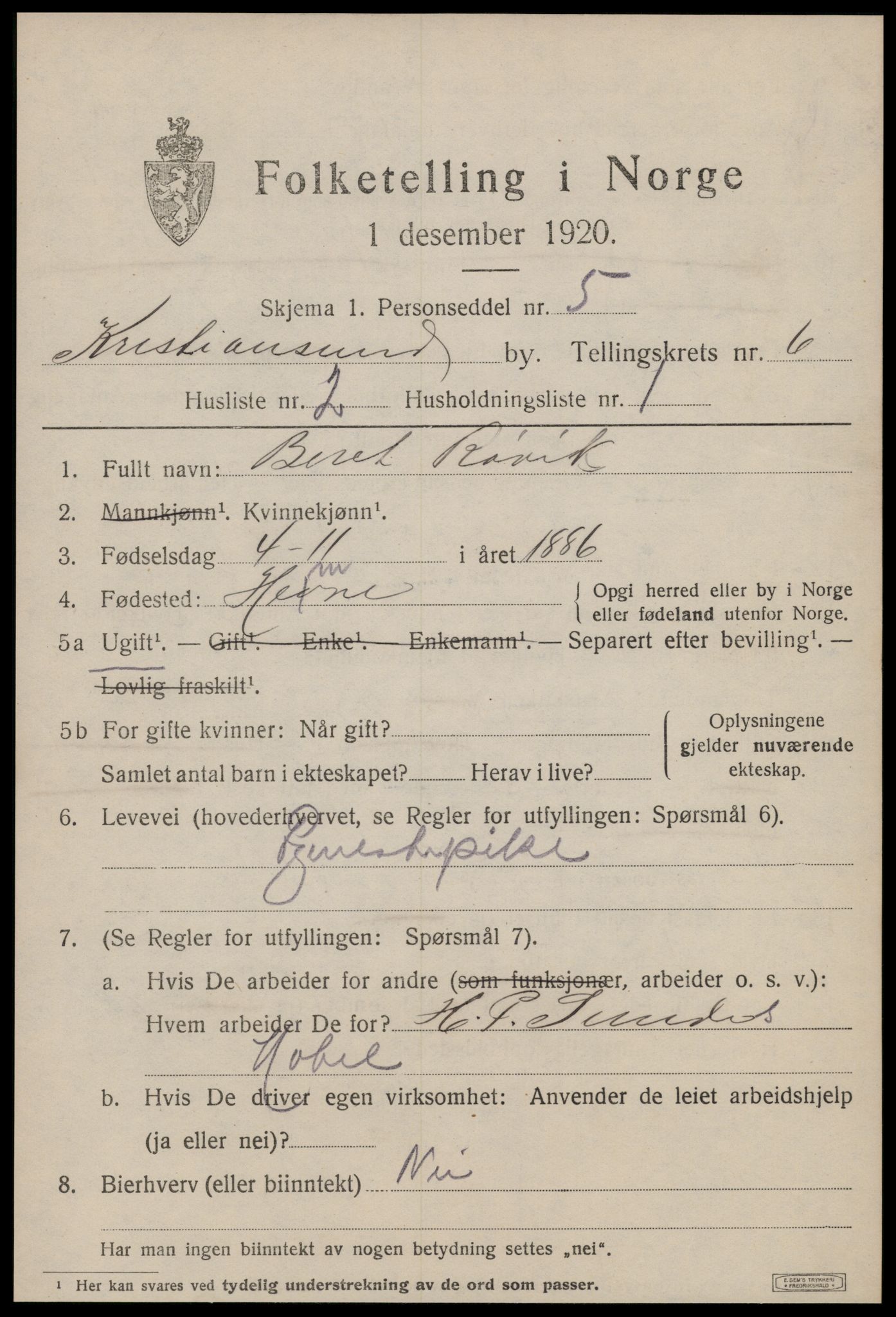 SAT, 1920 census for Kristiansund, 1920, p. 17045