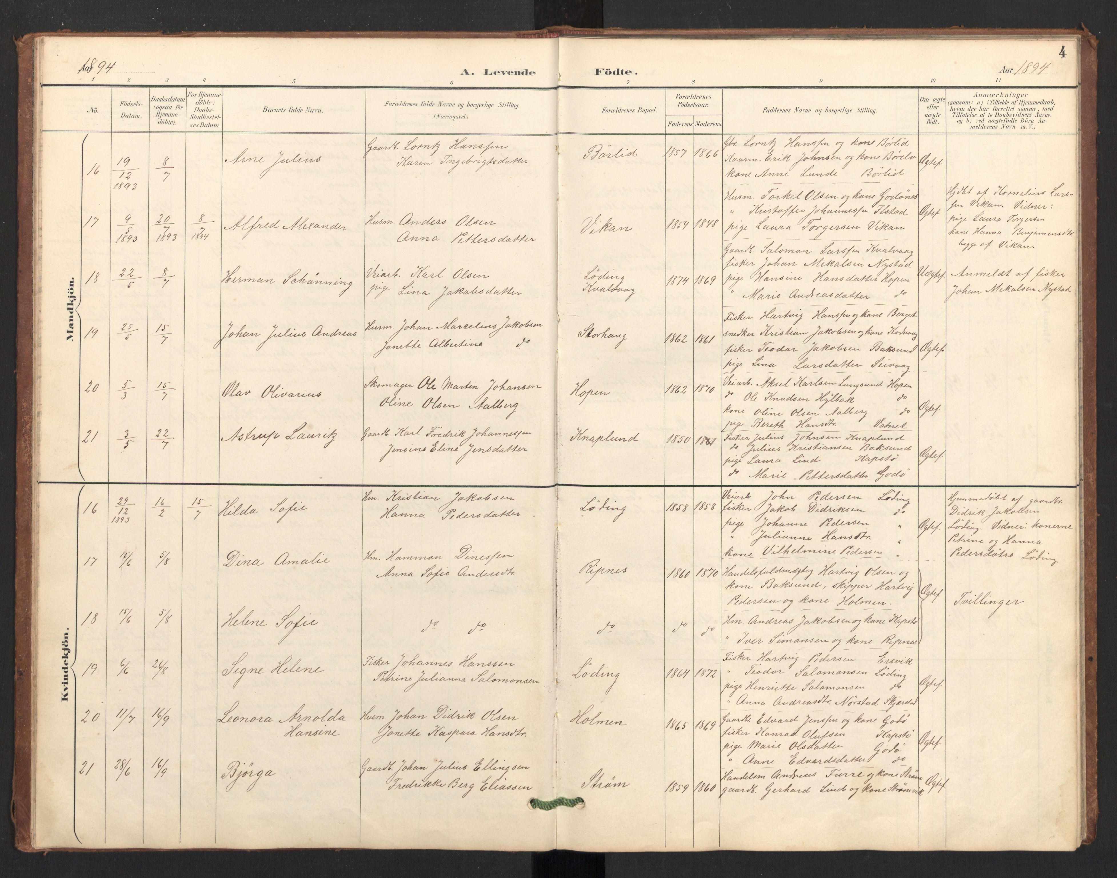 Ministerialprotokoller, klokkerbøker og fødselsregistre - Nordland, AV/SAT-A-1459/804/L0087: Parish register (official) no. 804A08, 1894-1907, p. 4