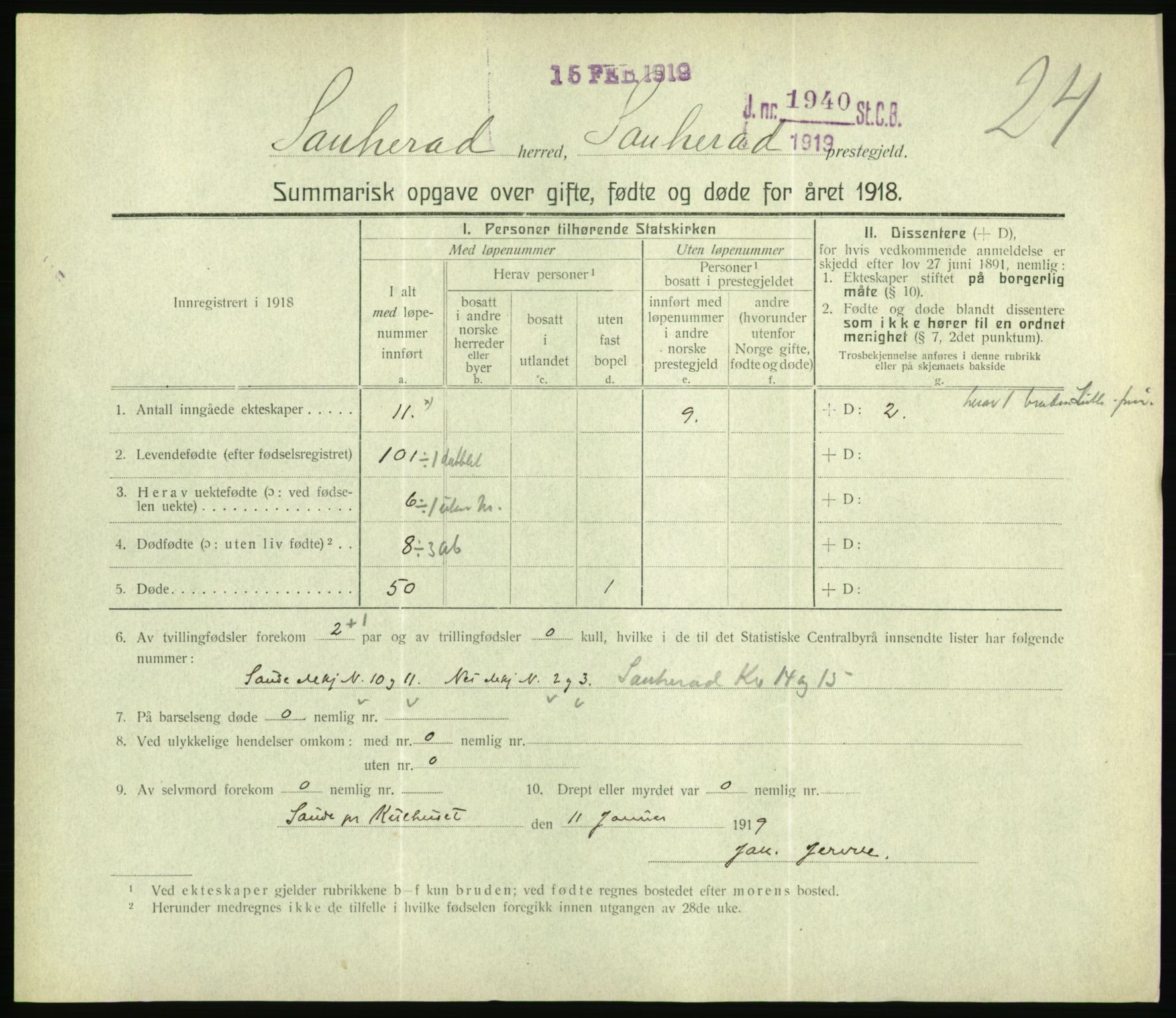 Statistisk sentralbyrå, Sosiodemografiske emner, Befolkning, RA/S-2228/D/Df/Dfb/Dfbh/L0059: Summariske oppgaver over gifte, fødte og døde for hele landet., 1918, p. 553